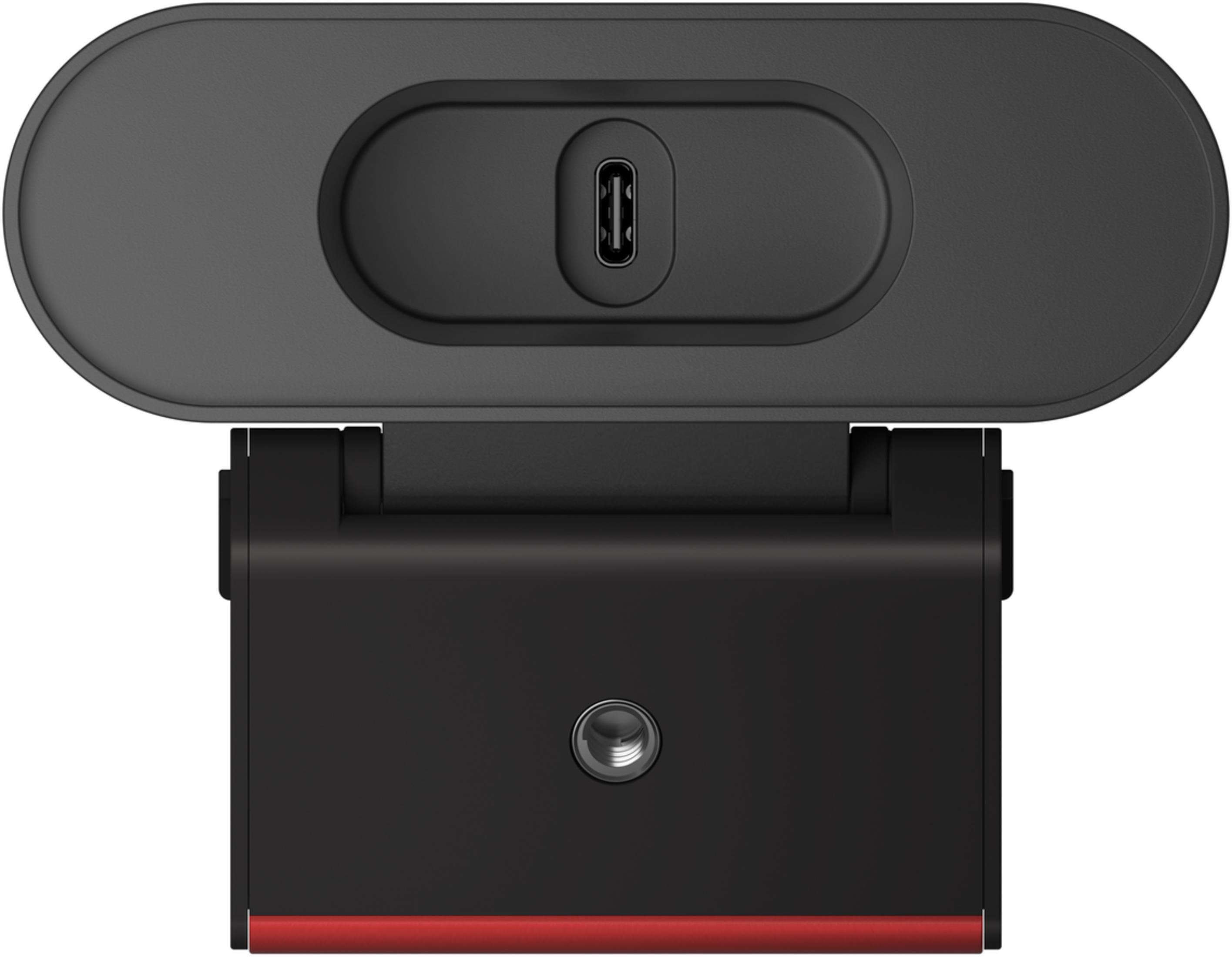 Una webcam nera con porta USB-C e attacco per treppiede.