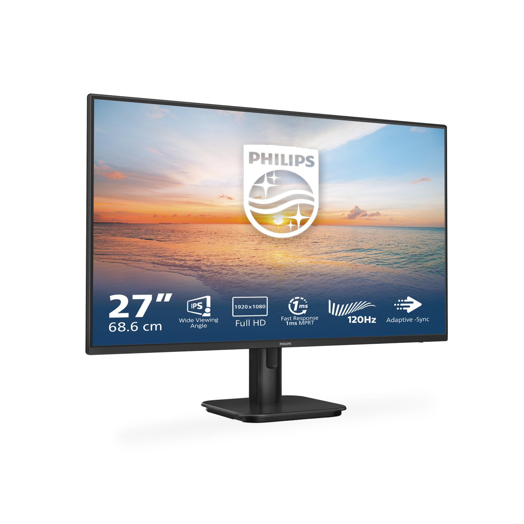 Czarny monitor Philips wyświetla zachód słońca nad morzem, 27 cali, Full HD, 120Hz.