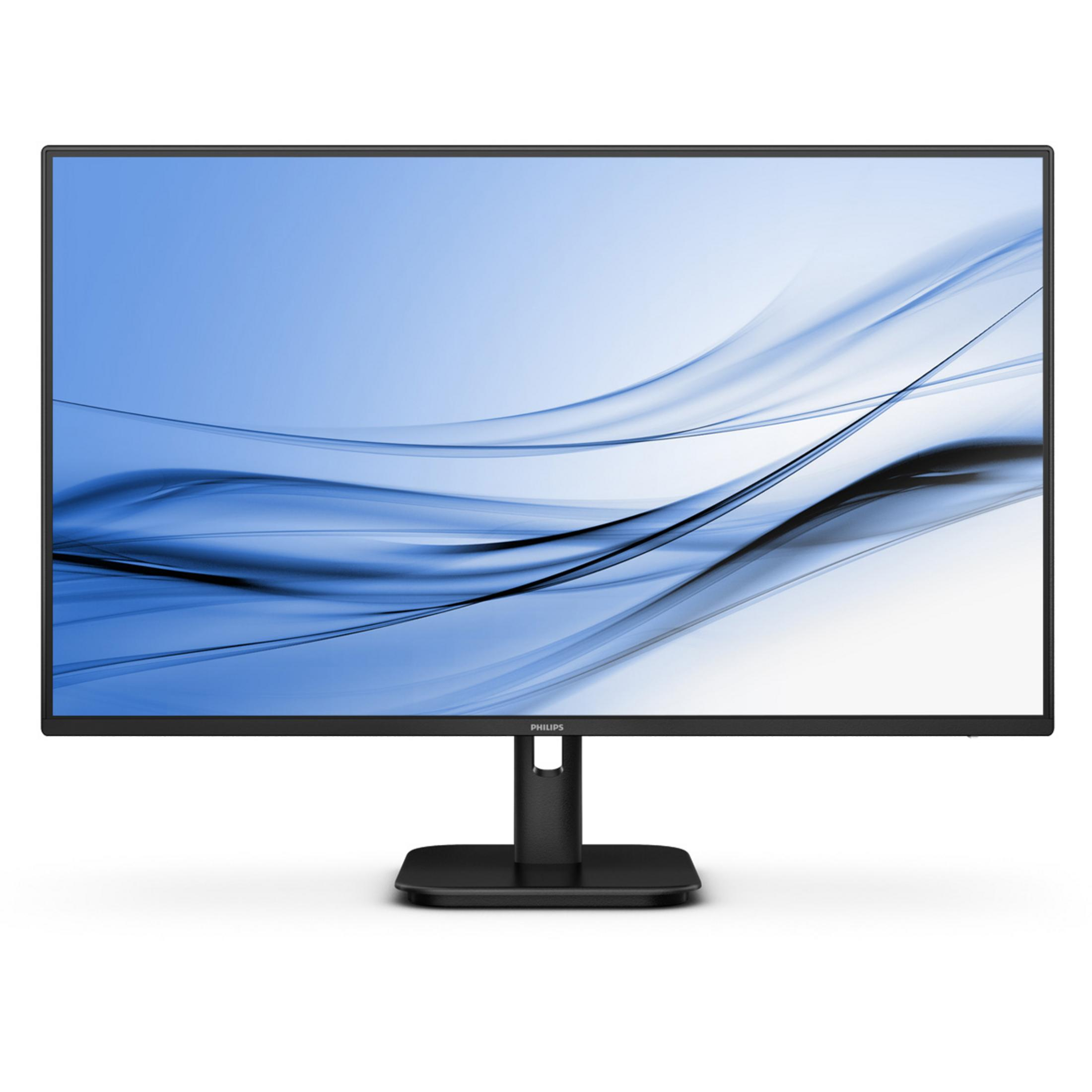 Czarny monitor Philips z niebieskim, falistym abstrakcyjnym wzorem na ekranie.
