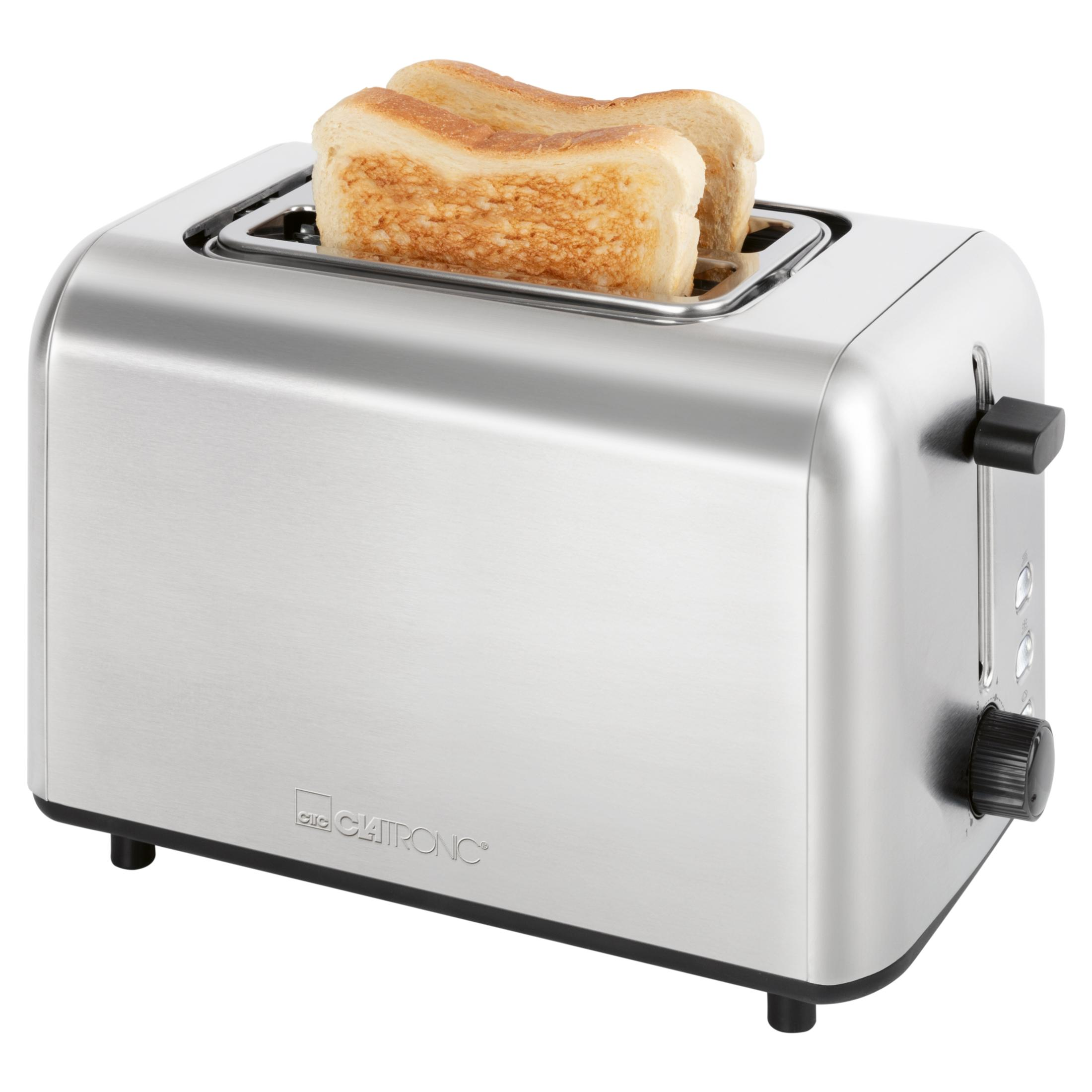 Un tostapane argento con due fette di pane tostato.