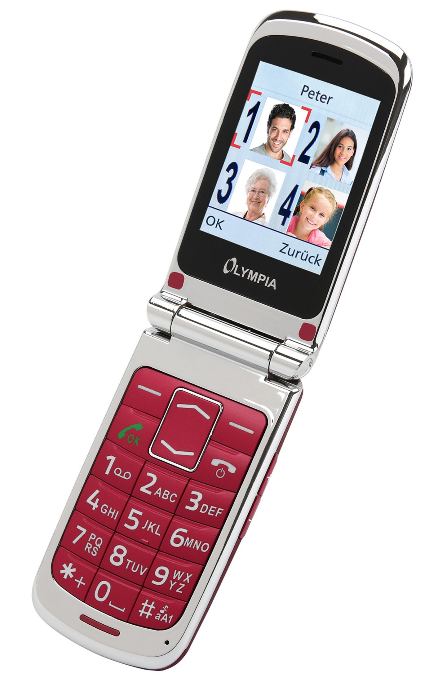 Un telefono a conchiglia rosso con quattro ritratti sullo schermo.