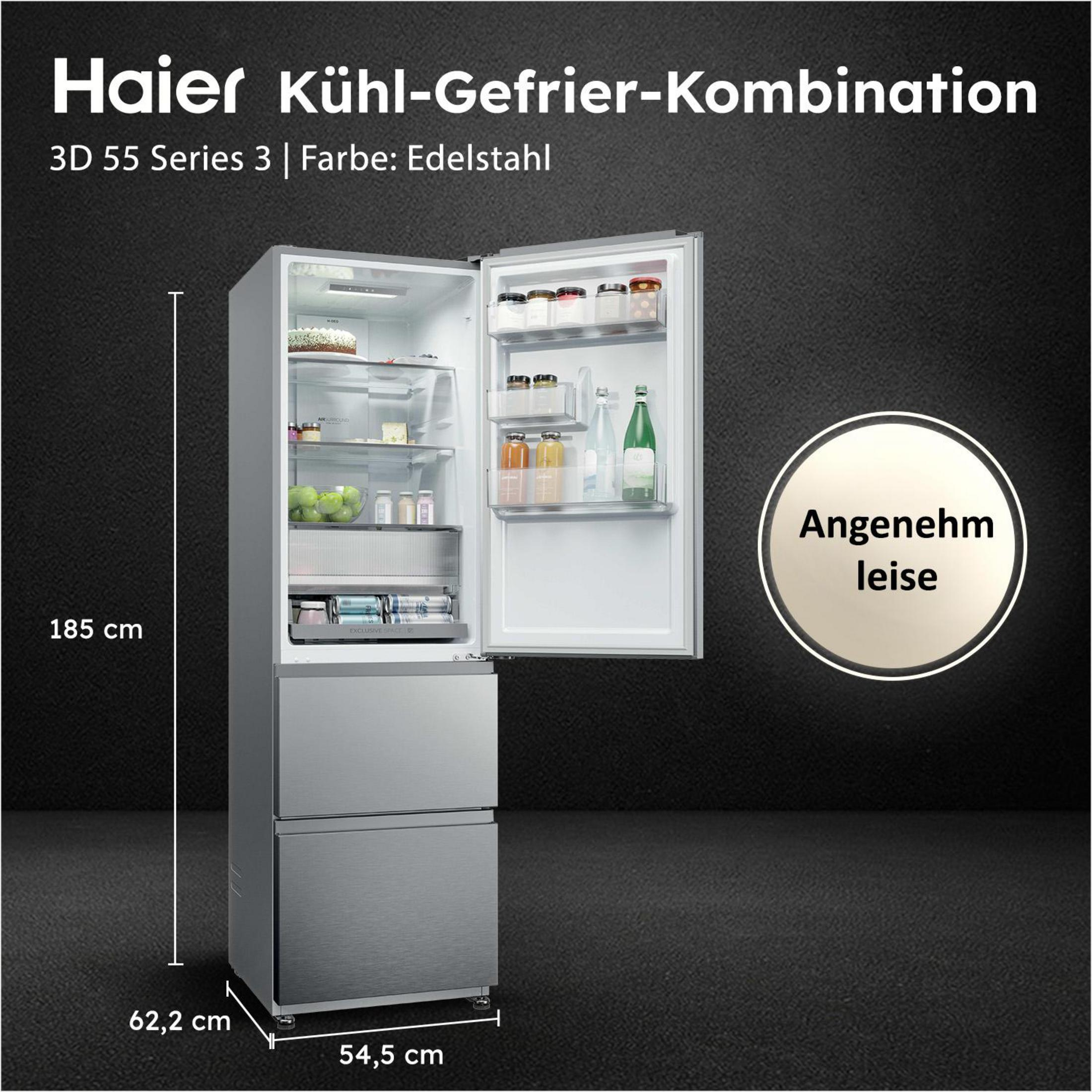 Ein silberner Haier Kühl-Gefrierkombination mit geöffneter Tür, gefüllt mit Lebensmitteln.