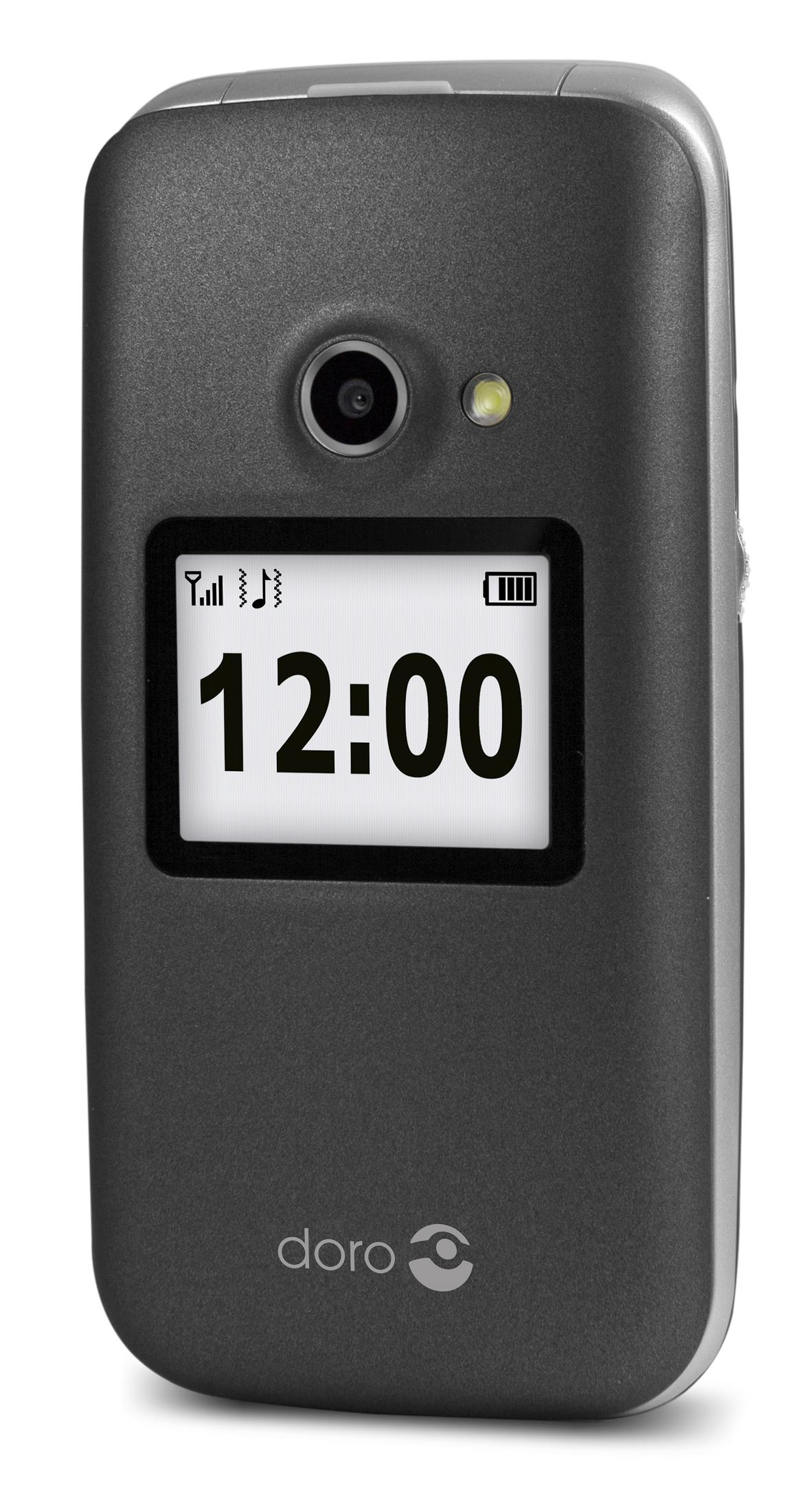 Teléfono plegable Doro gris oscuro con cámara, flash y hora 12:00.