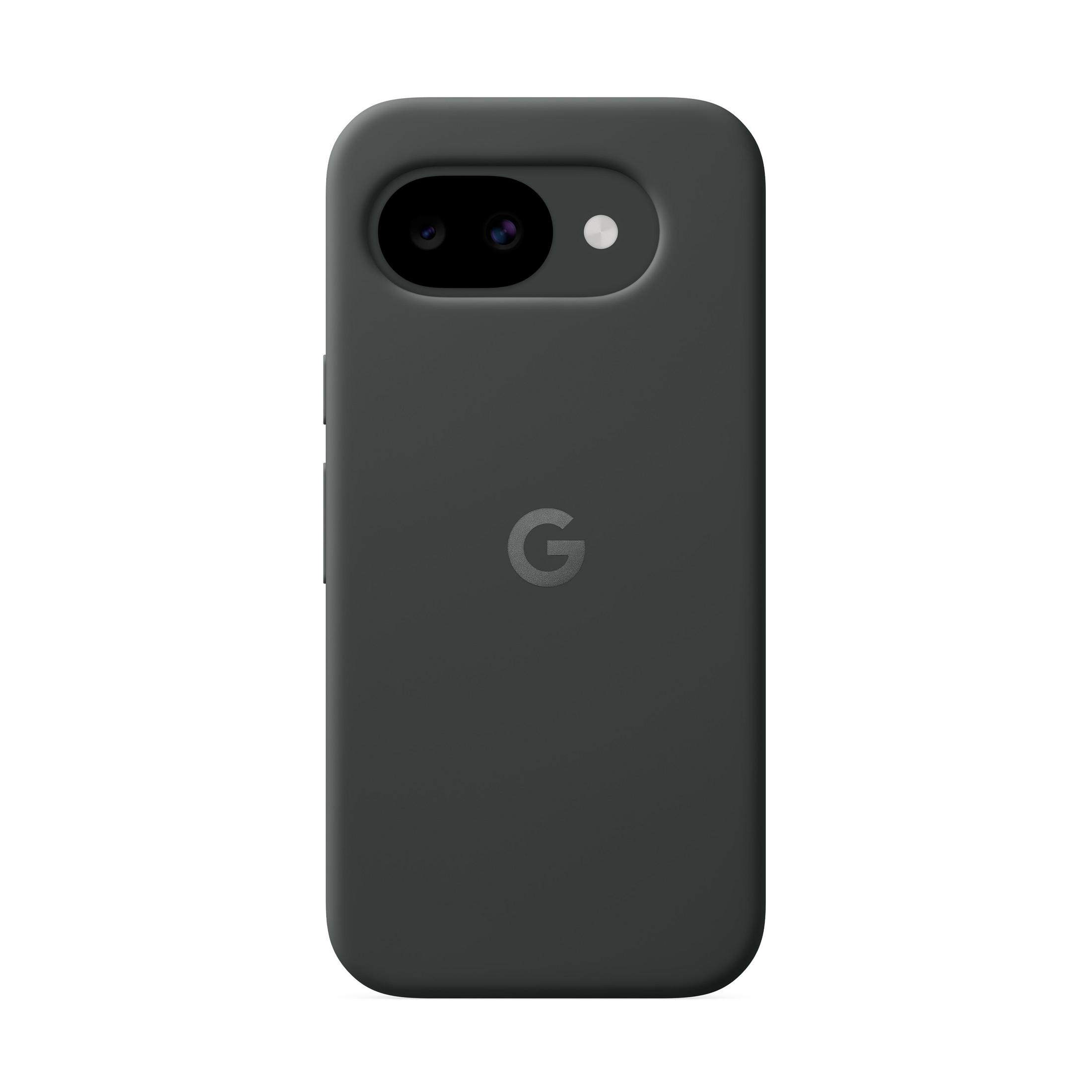Custodia Google Pixel grigio scuro con logo G e foro fotocamera.