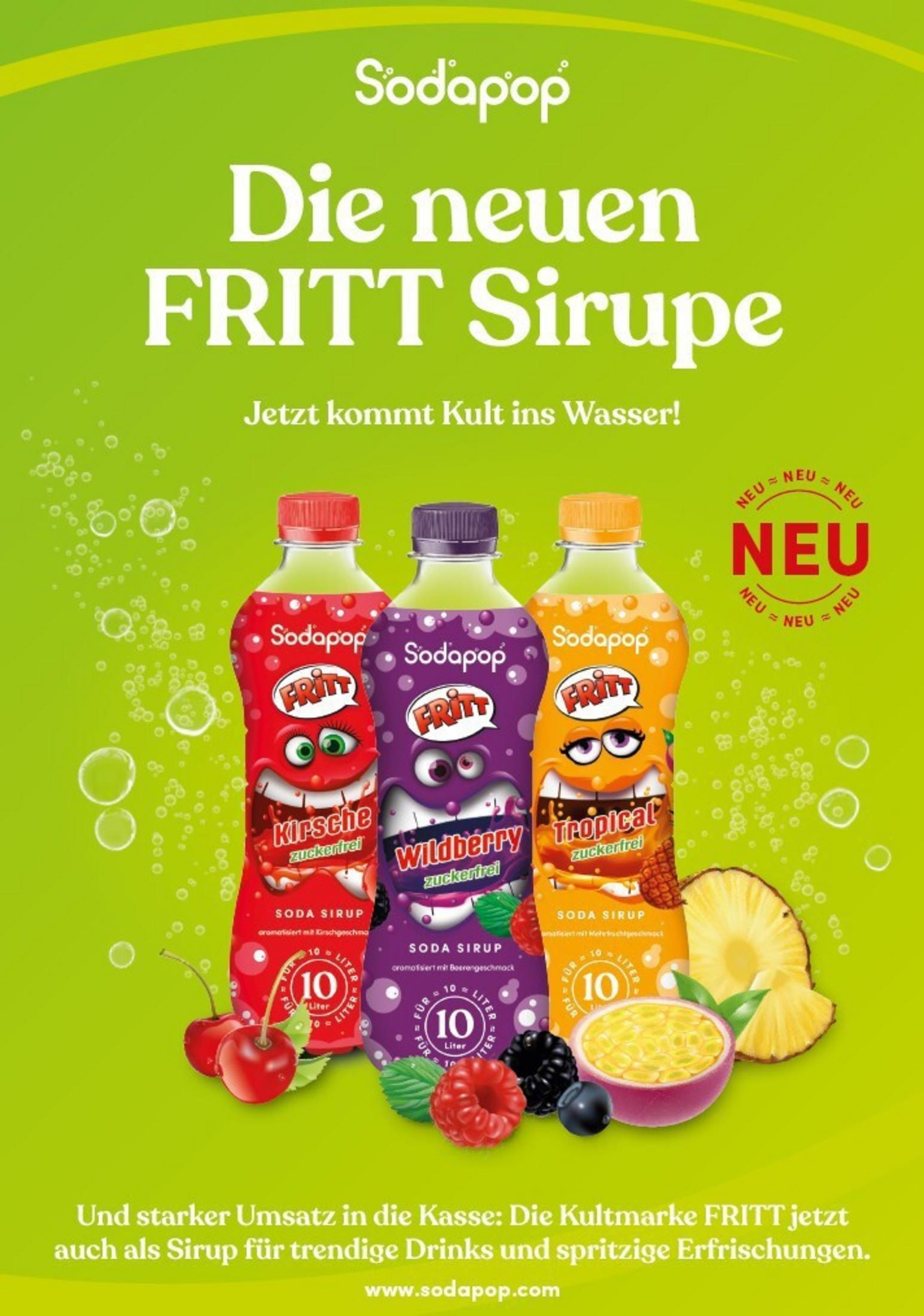Drei bunte Sodapop FRITT Sirupflaschen: Kirsche, Wildberry, Tropical.