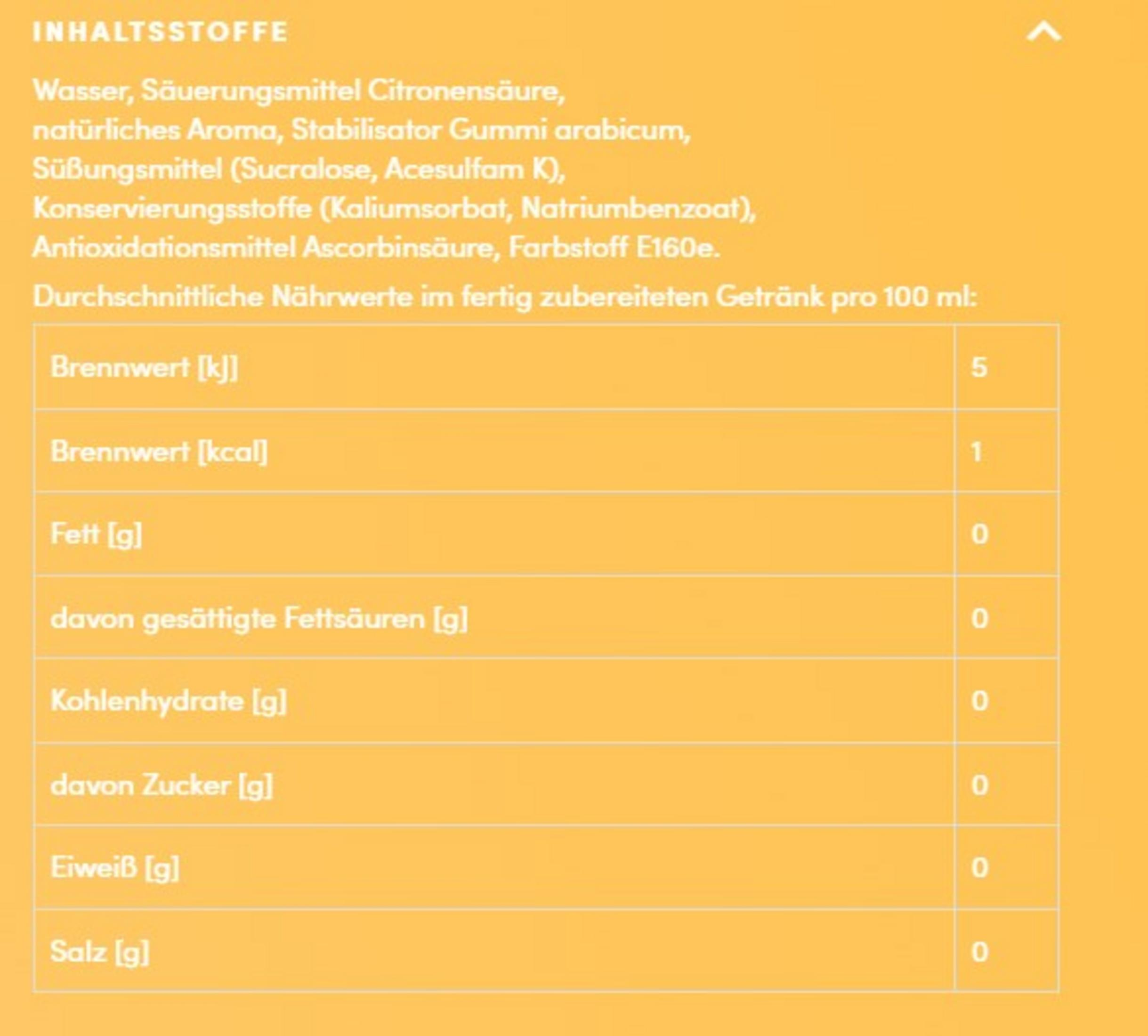 Nährwerttabelle mit Brennwert, Fett, Kohlenhydraten, Eiweiß und Salz pro 100ml.