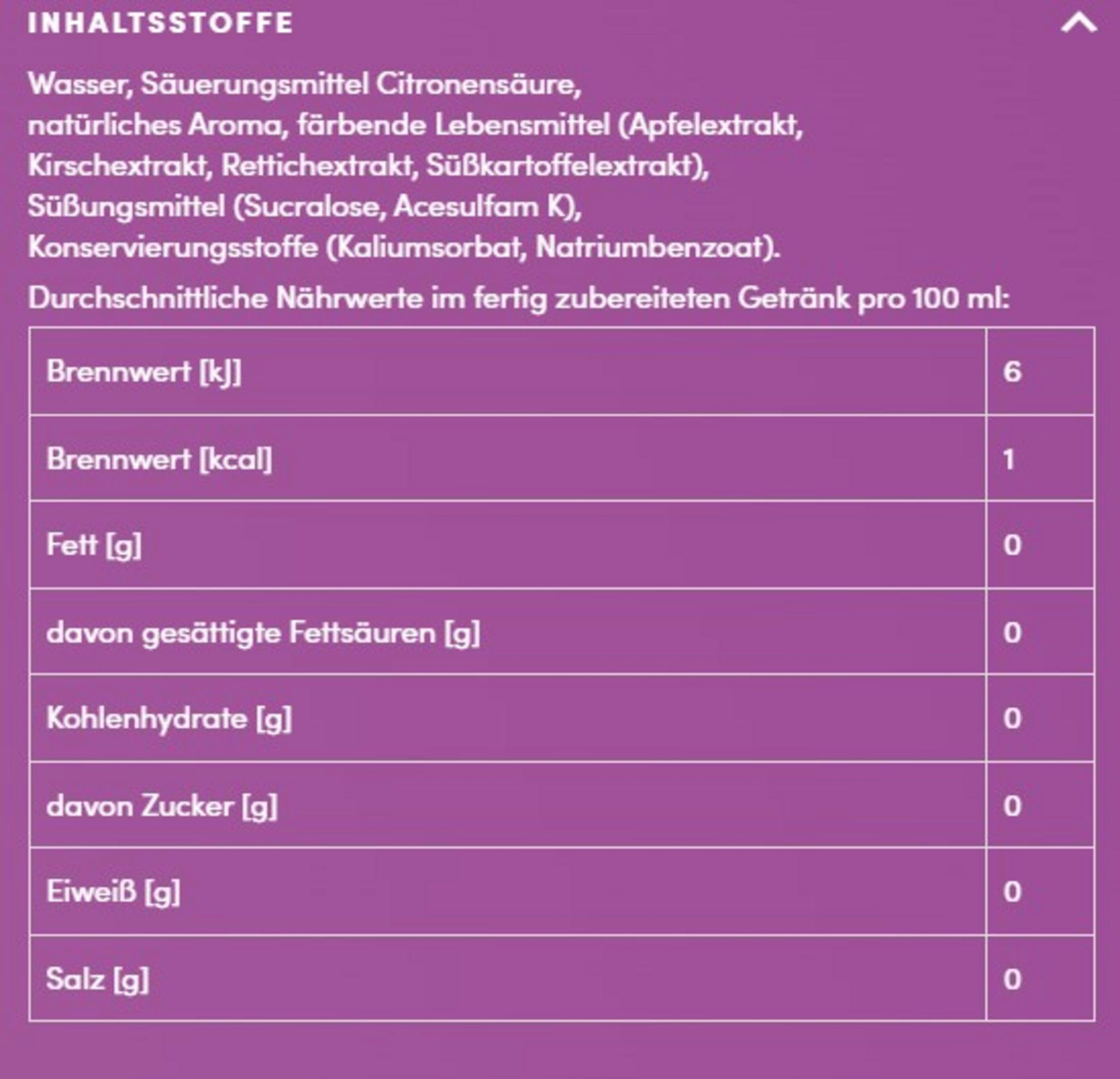 Nährwertangaben für ein Getränk: 6 kJ, 1 kcal, 0g Fett, 0g Kohlenhydrate, 0g Zucker, 0g Eiweiß, 0g Salz.