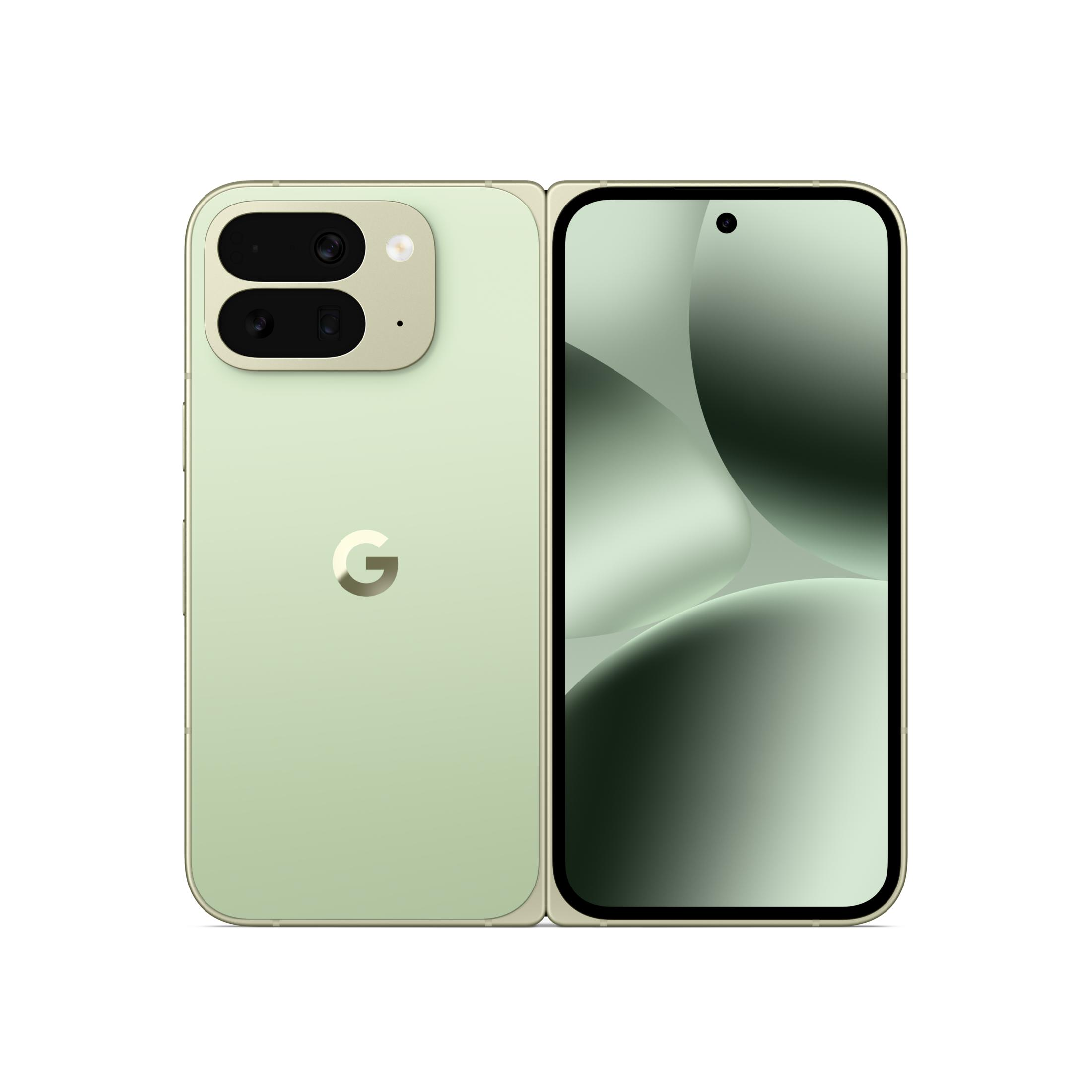 Ein hellgrünes faltbares Google Pixel-Telefon auf weißem Hintergrund, Rückseite mit Kameras.