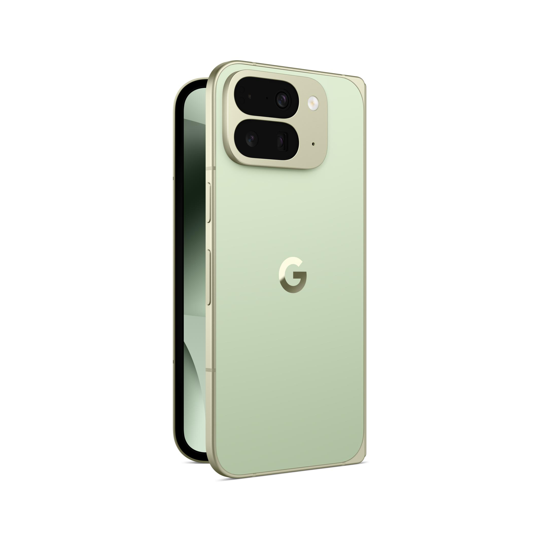 Ein hellgrünes Smartphone mit silbernem Rand und einer Dual-Kamera auf der Rückseite.