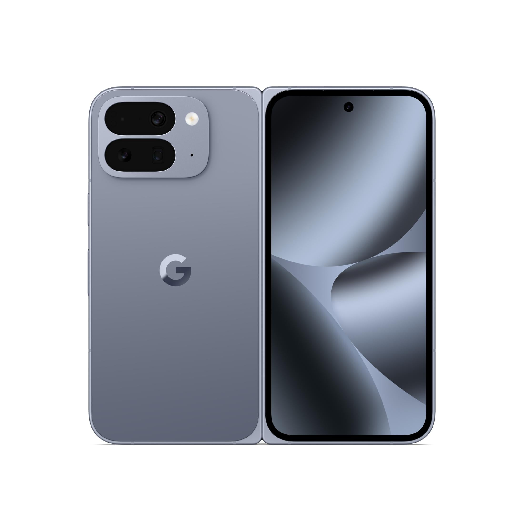 Een blauwe opvouwbare smartphone met Google-logo en twee camera's.