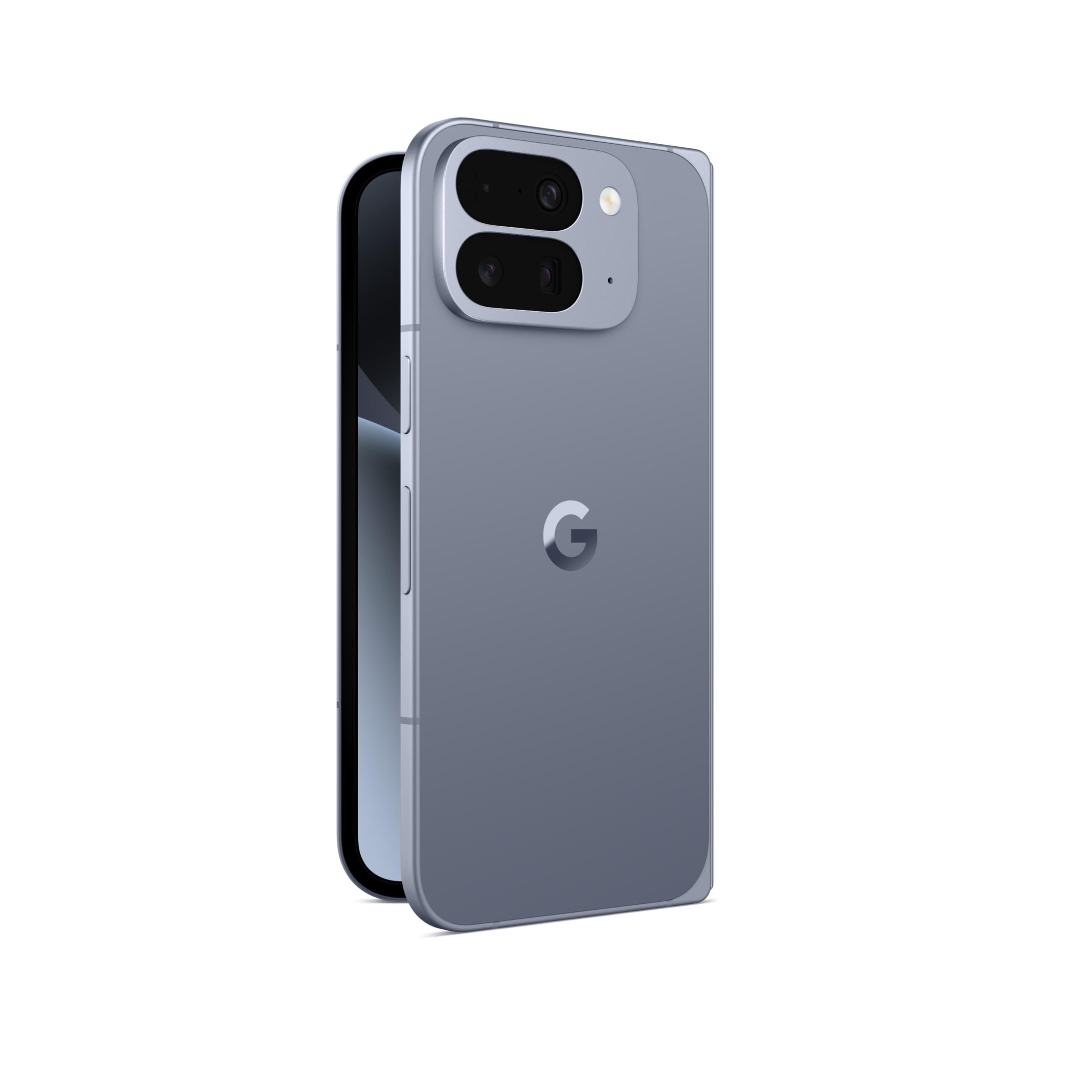 Een grijze Google Pixel smartphone met dubbele camera's aan de achterkant.