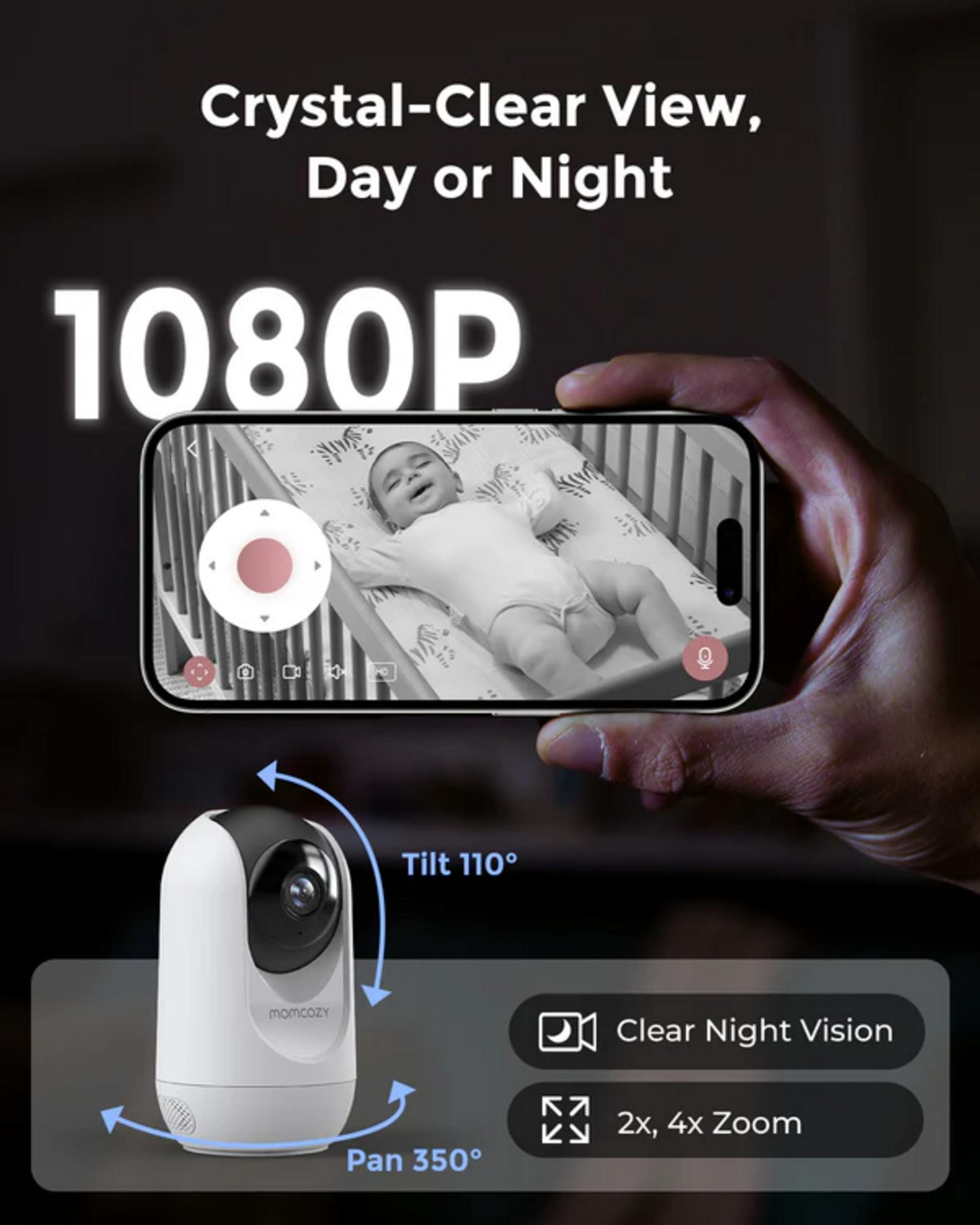 Ein Baby im Kinderbett auf einem Handy. Babyphone mit Nachtsicht und Zoom.