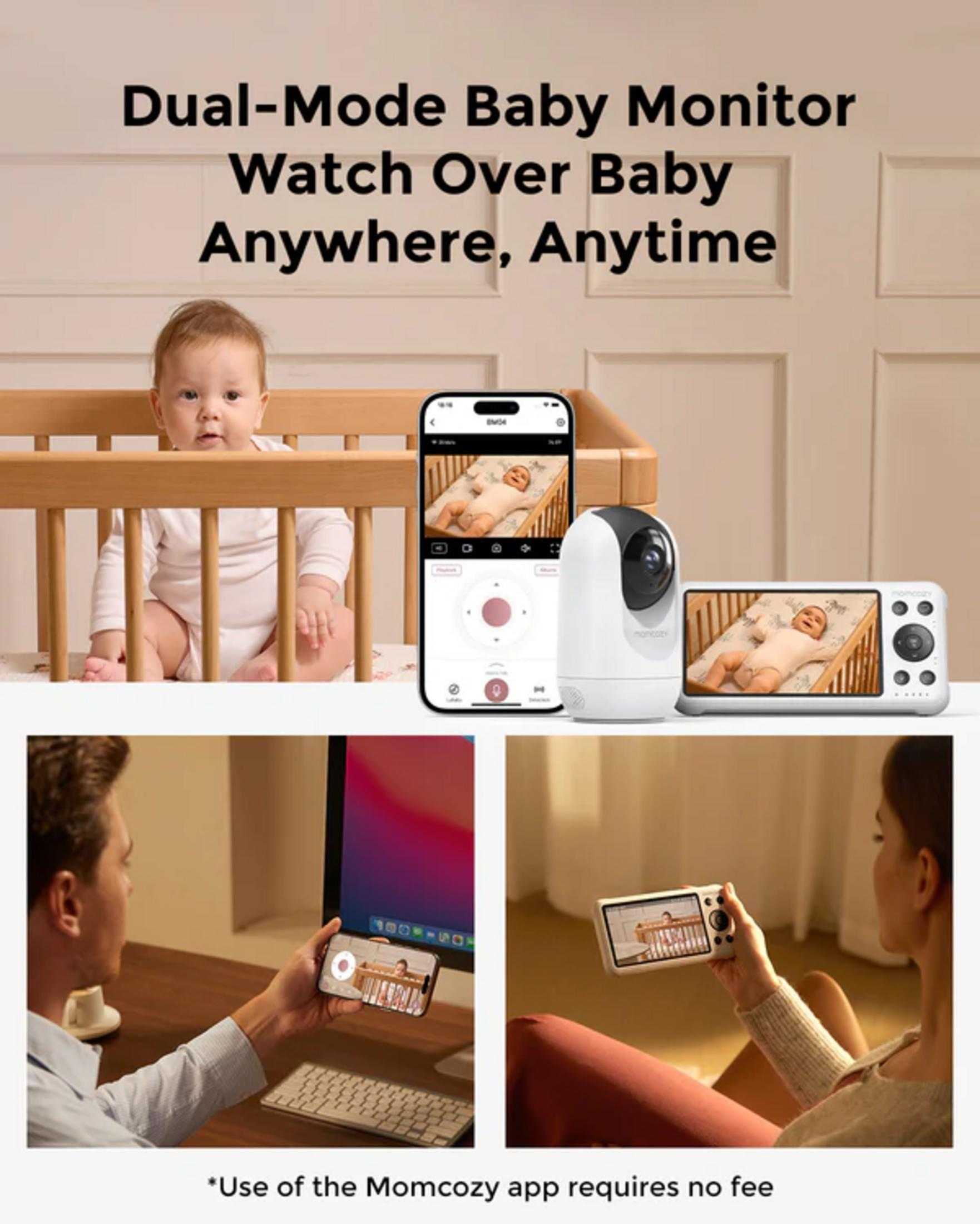 Baby im Bett, Babyfon, Smartphone und Monitor. Eltern schauen zu.