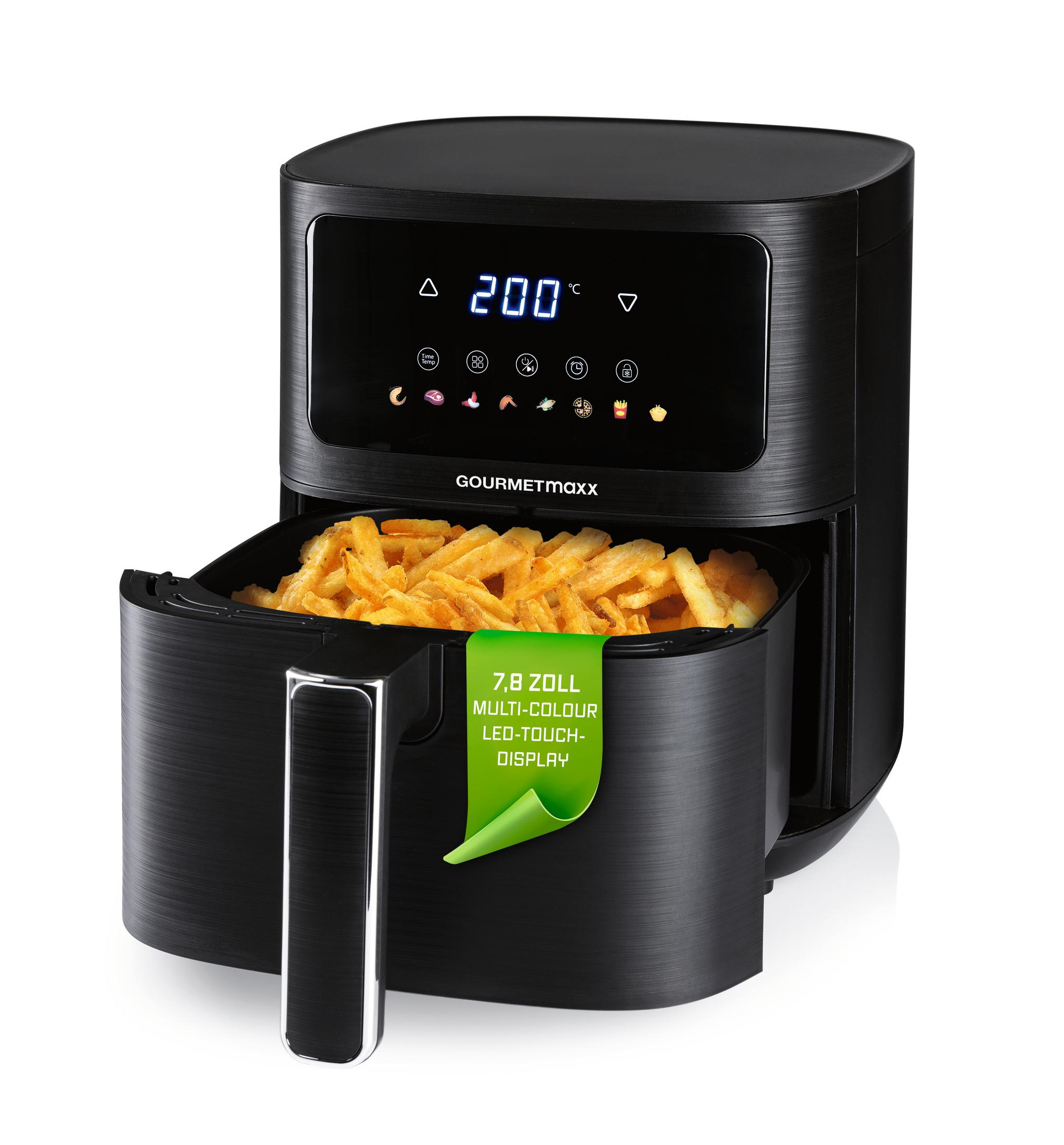 Schwarzer Heißluftfritteuse mit Pommes und digitaler Anzeige bei 200°C.