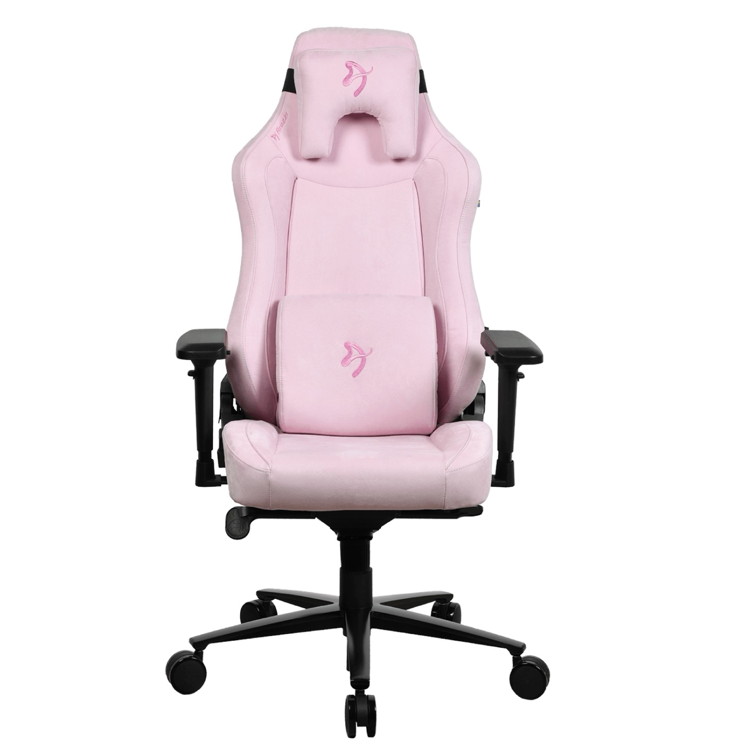 Una sedia da gaming rosa con poggiatesta e cuscino lombare, dettagli logo.