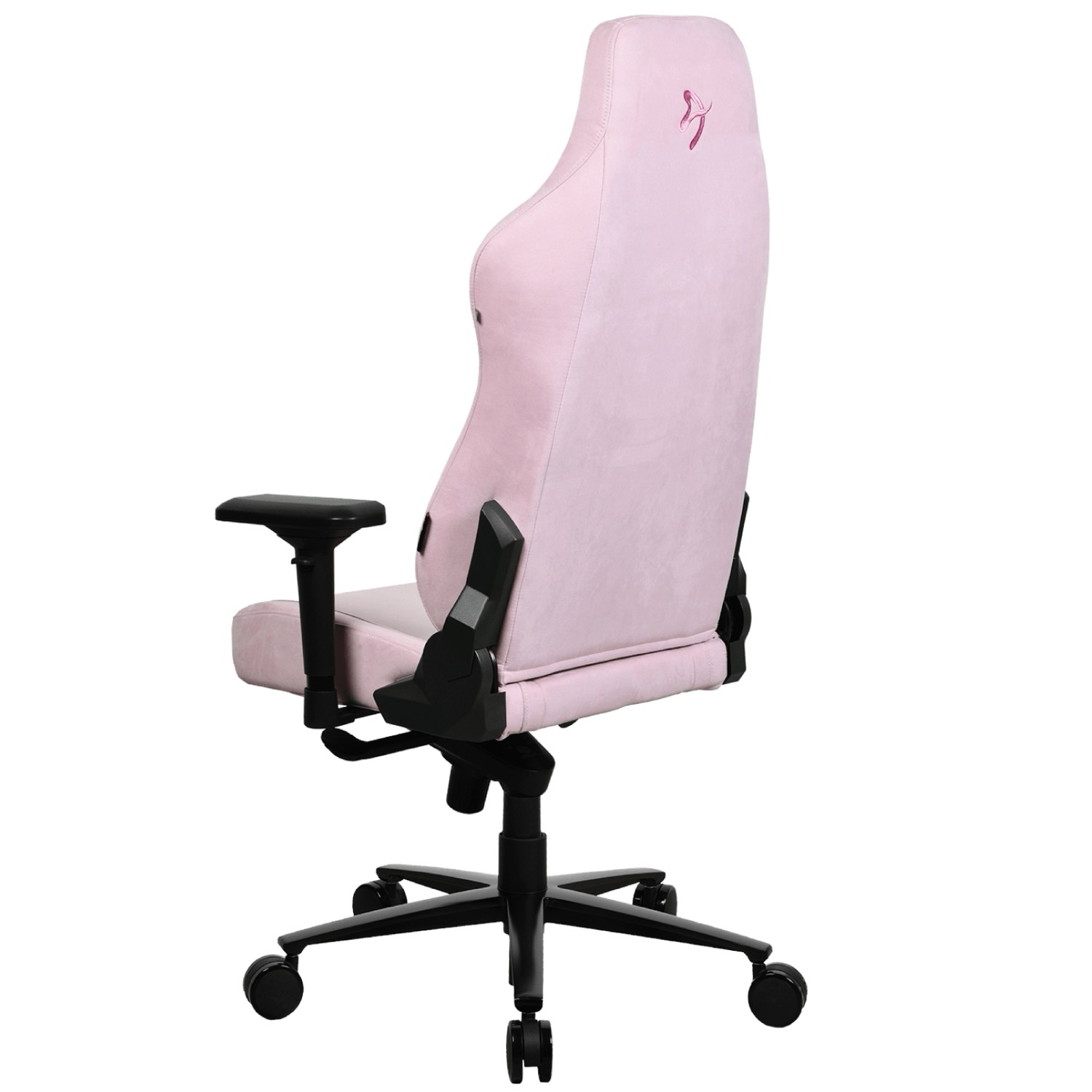 Una sedia da gaming rosa con accenti neri e un logo sul poggiatesta.
