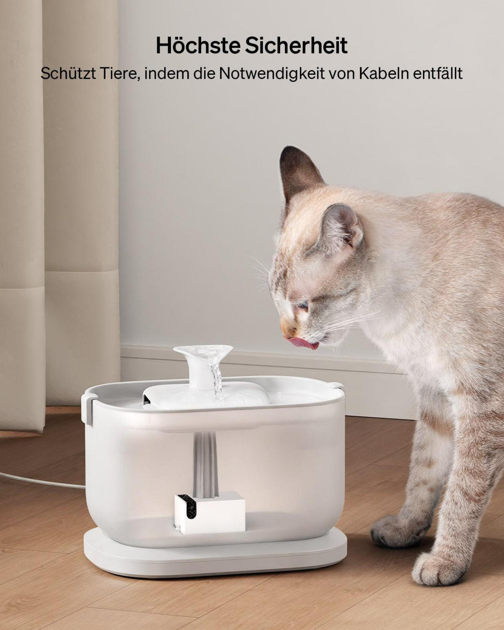 A cat drinks from a white water fountain on a wooden floor.