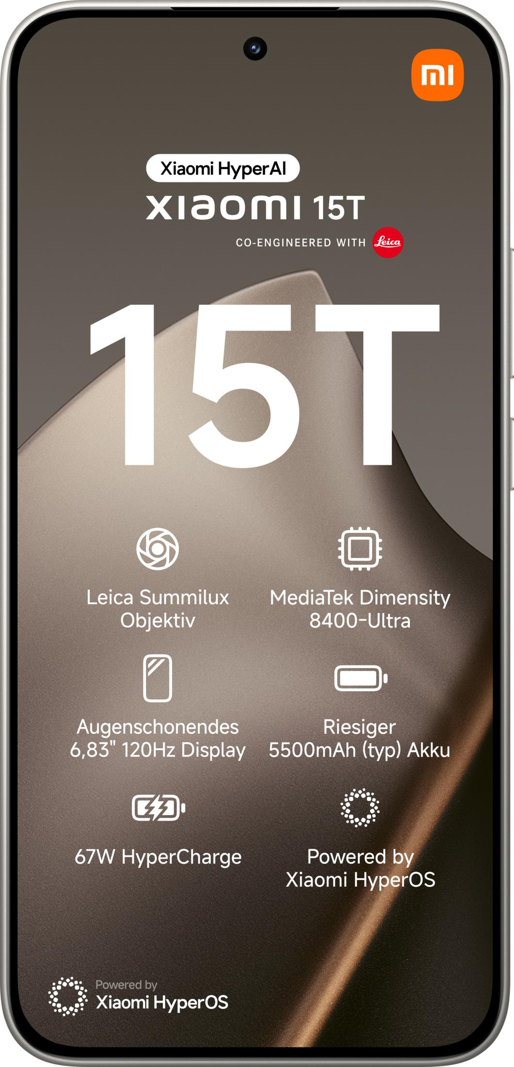 Xiaomi 15T avec objectif Leica, écran 120Hz, batterie 5500mAh, HyperCharge 67W.
