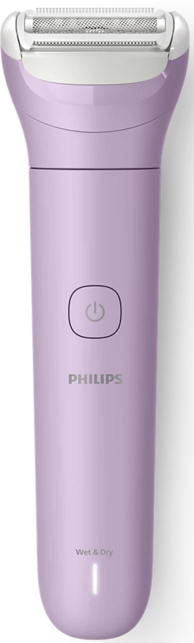 Un epilatore Philips viola con funzione Wet & Dry e pulsante di accensione.