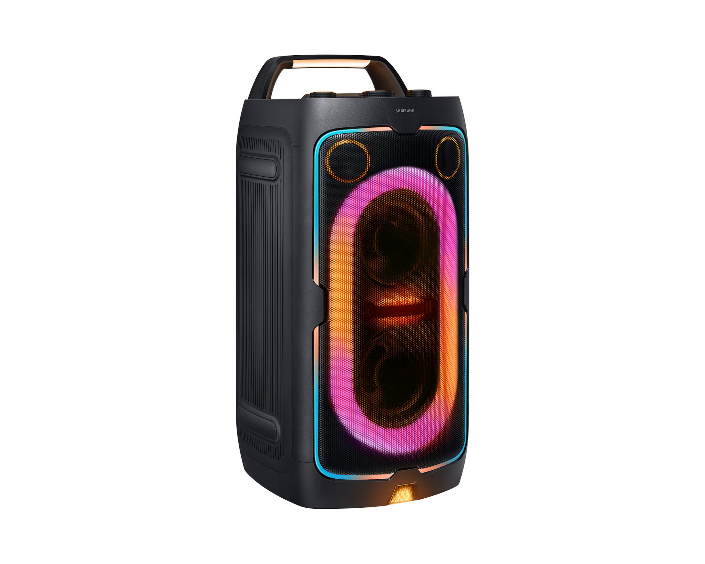 Altoparlante Samsung nero con illuminazione RGB e maniglia.