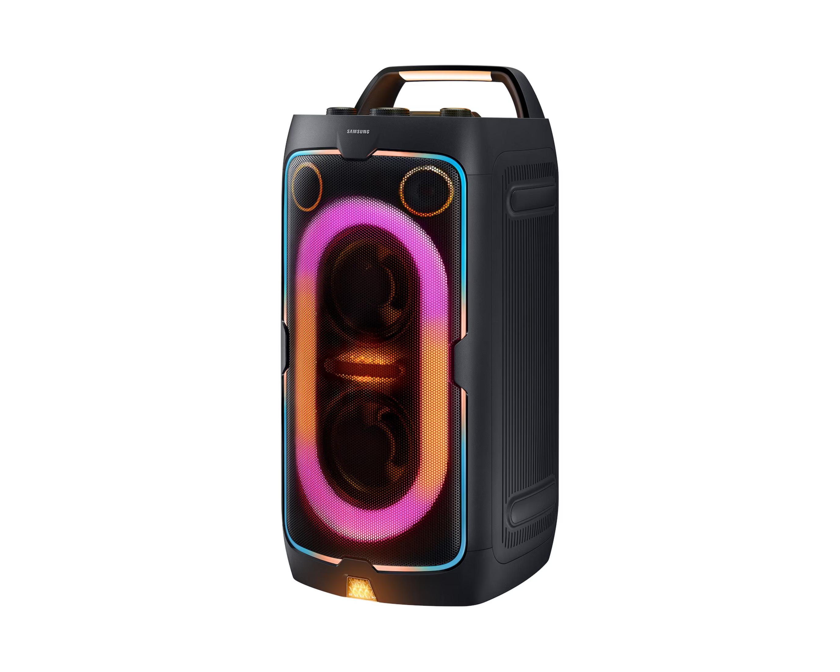 Altoparlante Samsung nero con luci LED colorate e manico.