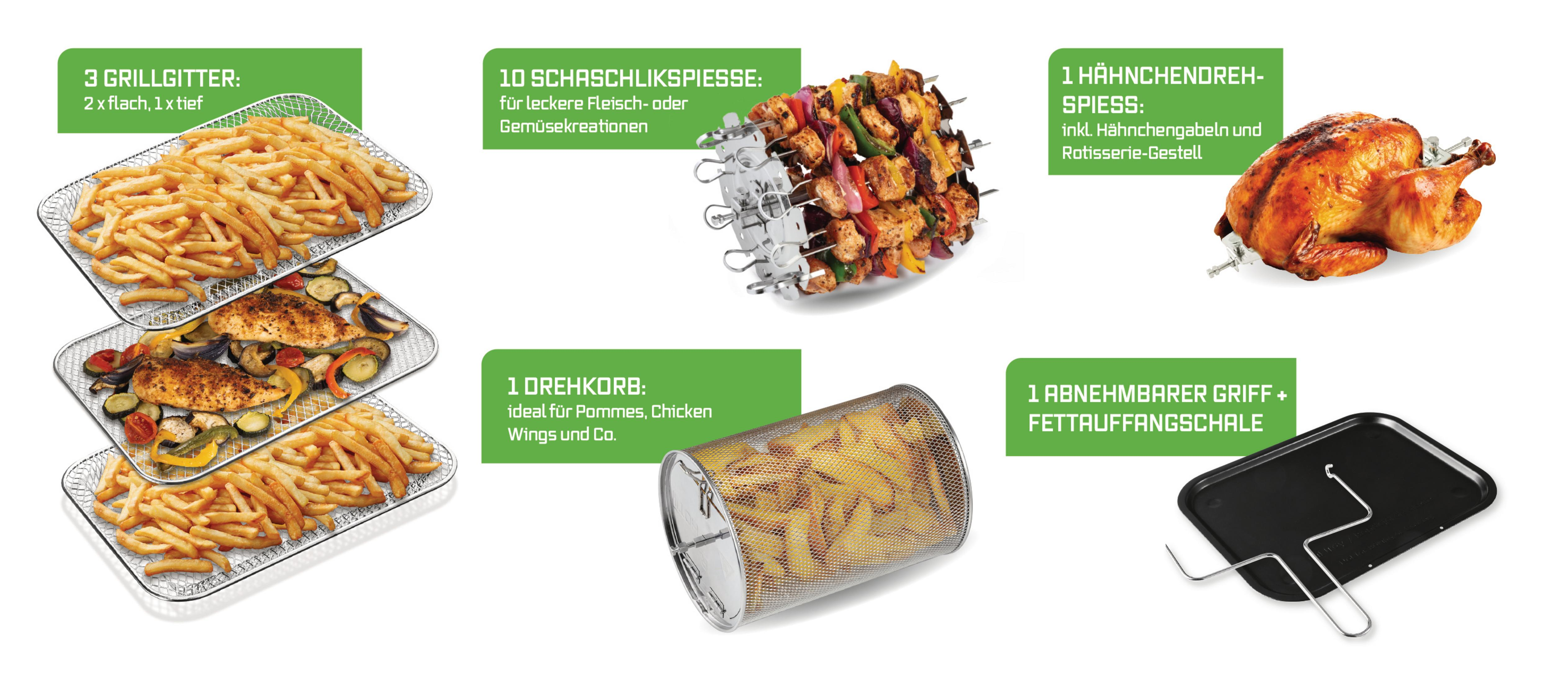 Drei Grillgitter mit Pommes und Hähnchen, Spieße, Drehkorb, Hähnchen und Fettauffangschale.