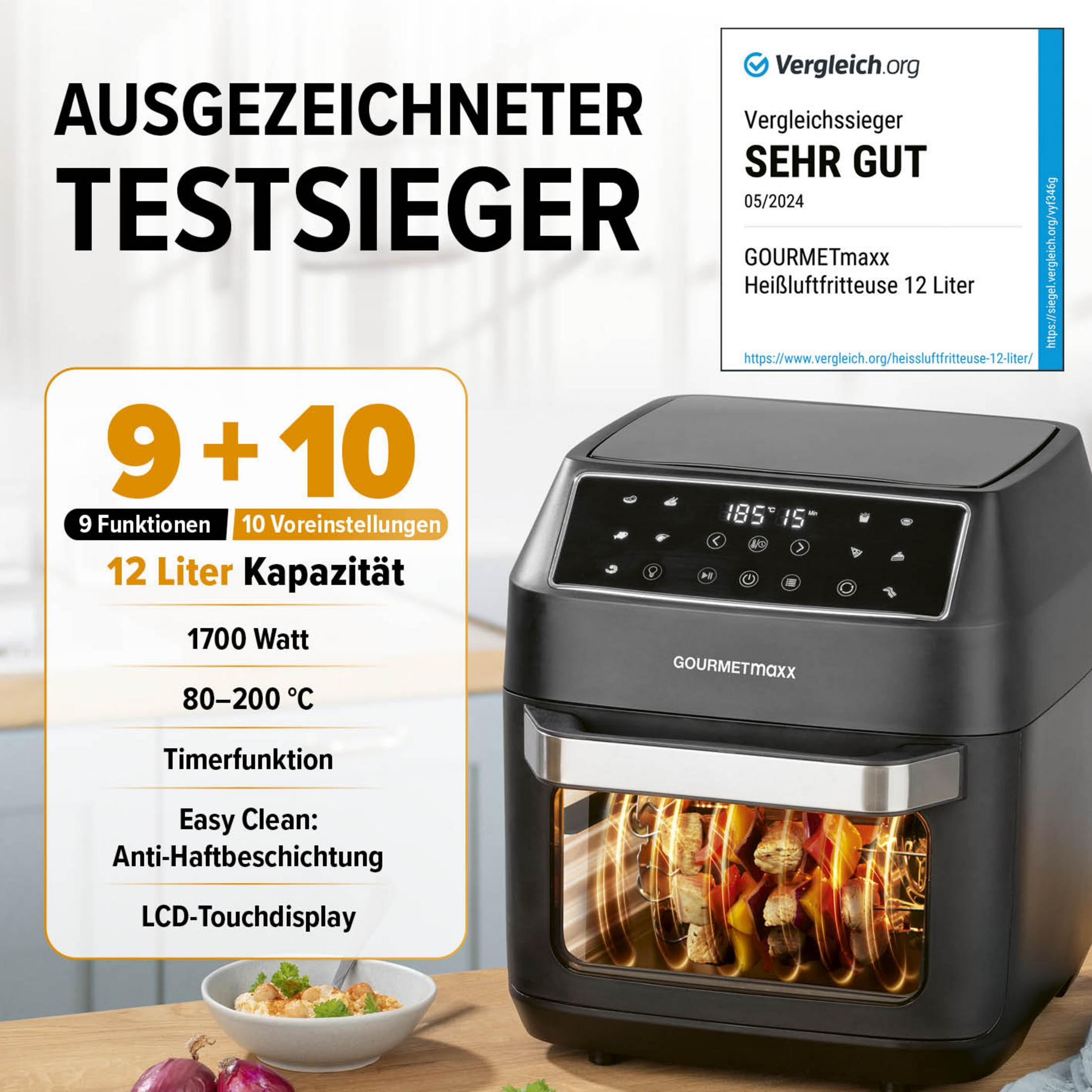 Gourmetmaxx Heißluftfritteuse mit 12L Kapazität, 1700W, 80-200°C, LCD-Touchdisplay.