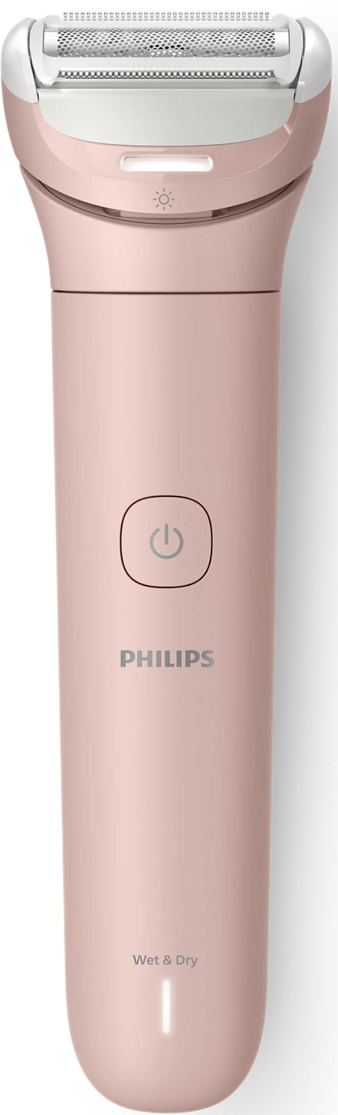 Un rasoio Philips da donna rosa con etichetta Wet & Dry e pulsante di accensione.