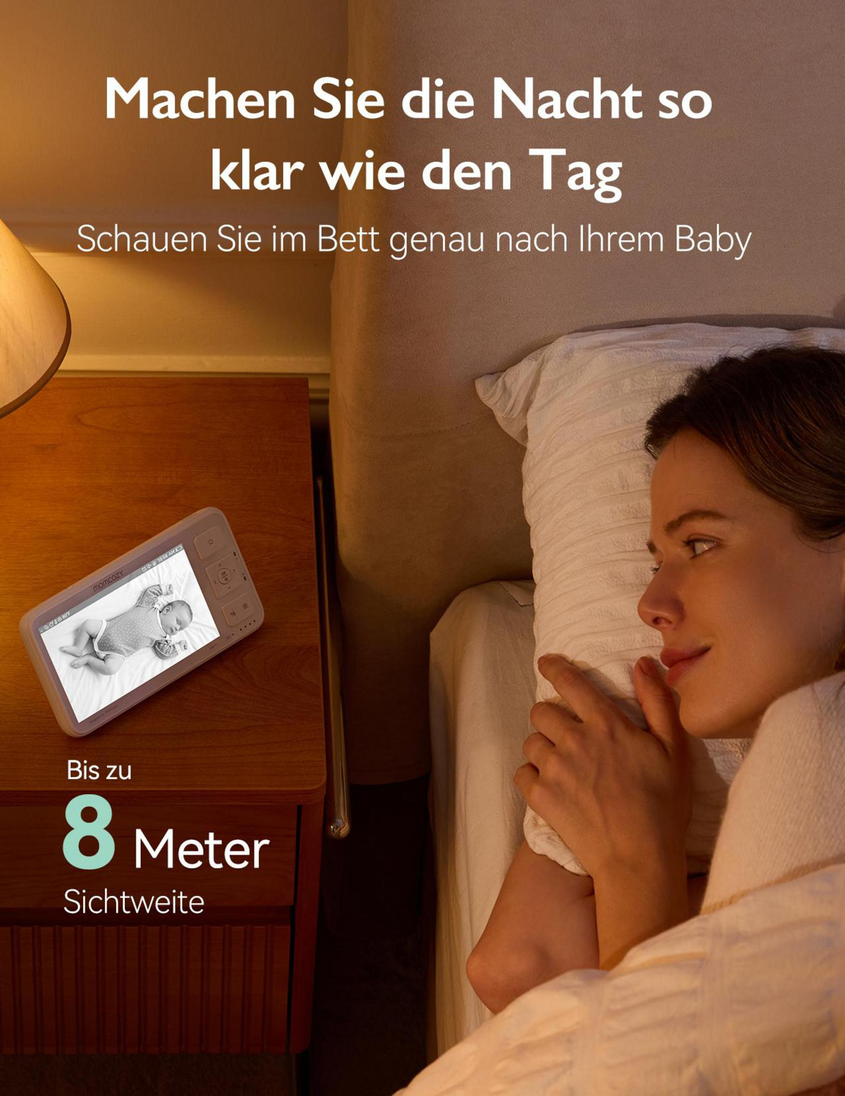 Babyphone zeigt Baby im Bett; Frau liegt im Bett. Bis 8m Sichtweite.