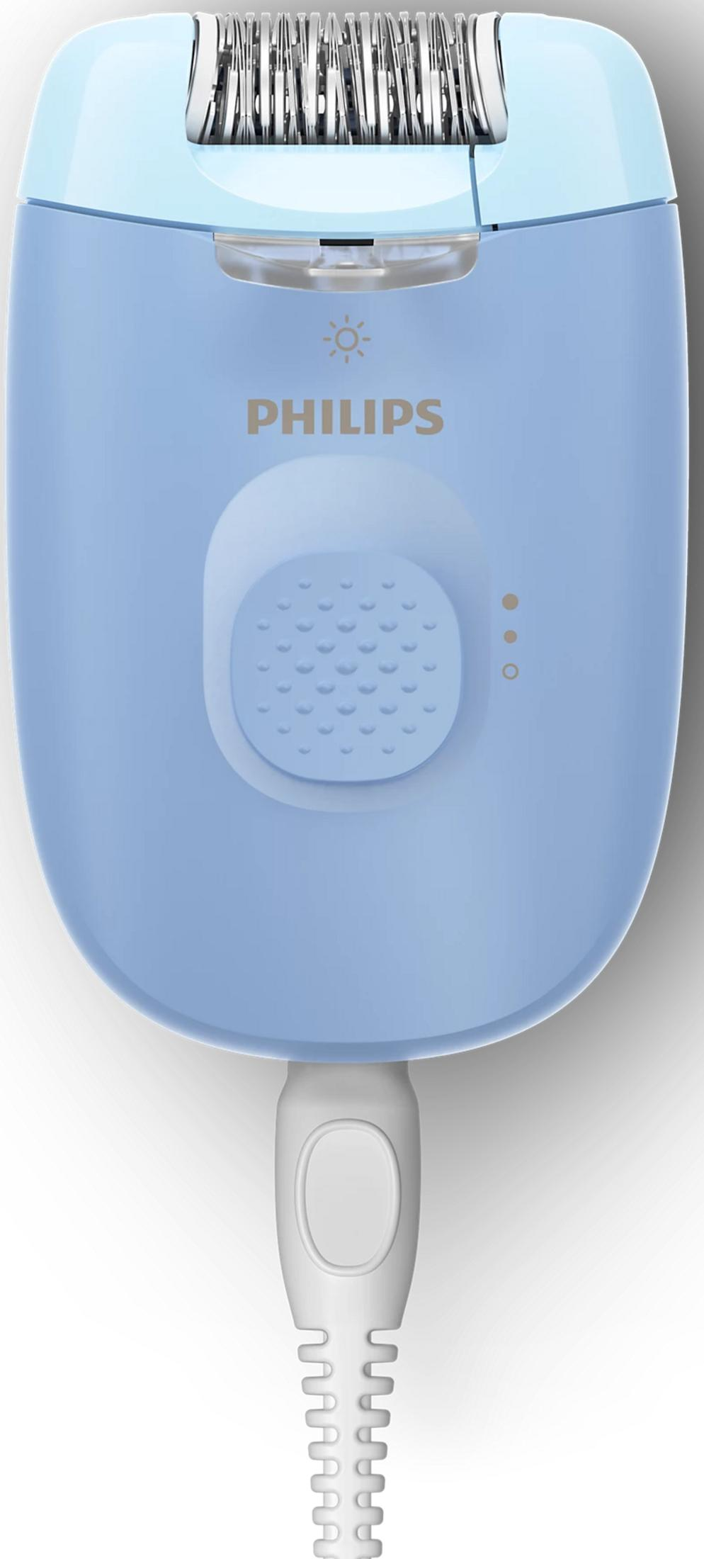 Un epilatore Philips azzurro con pinzette argentate e cavo bianco.