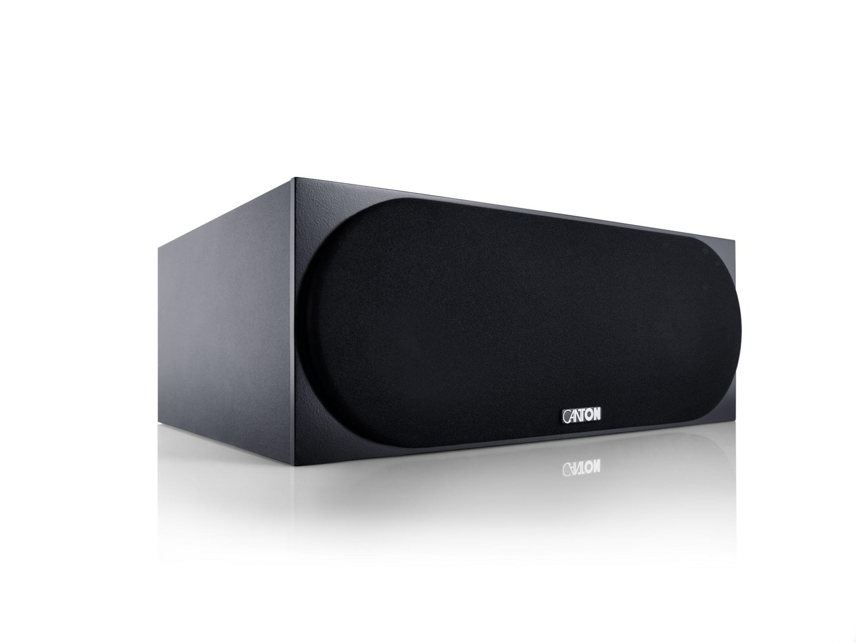 Ein schwarzer Subwoofer mit abgerundeter Front und dem Canton-Logo.