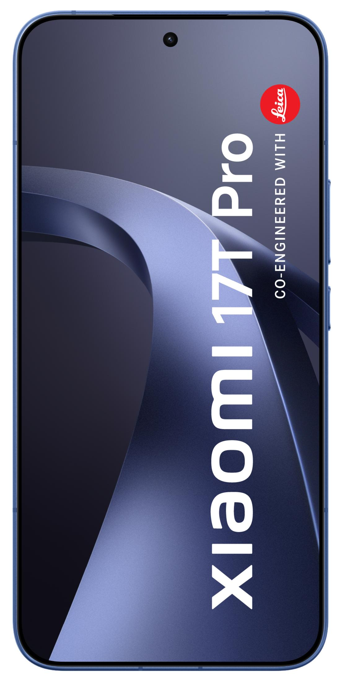 Ein blaues Xiaomi 17T Pro Smartphone mit Leica-Logo, auf dunklem Hintergrund.