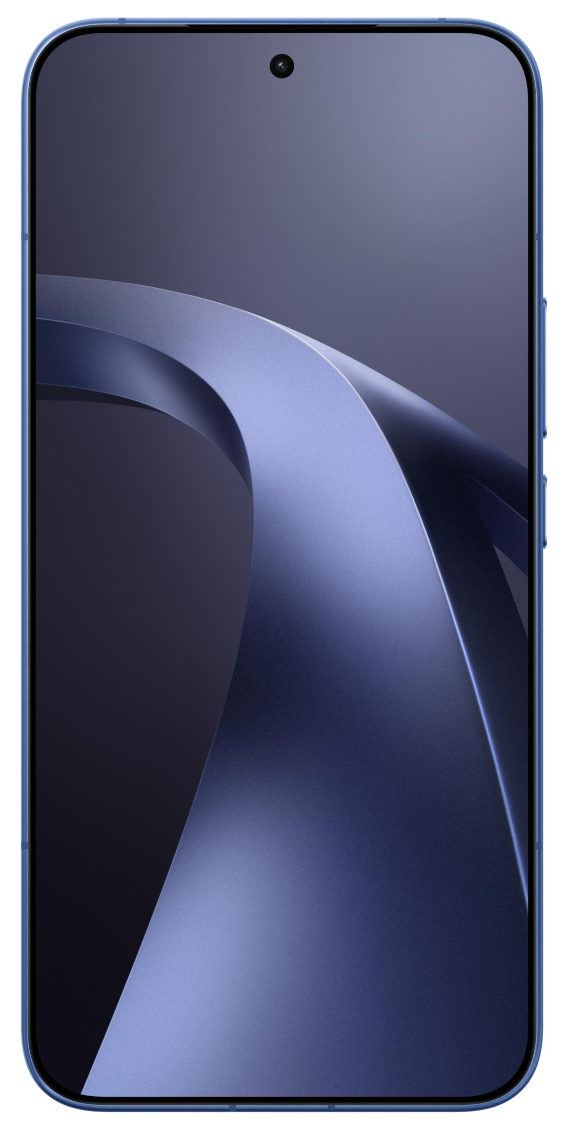 Ein blaues Smartphone mit einem abstrakten blauen Hintergrund und einer einzelnen Frontkamera.