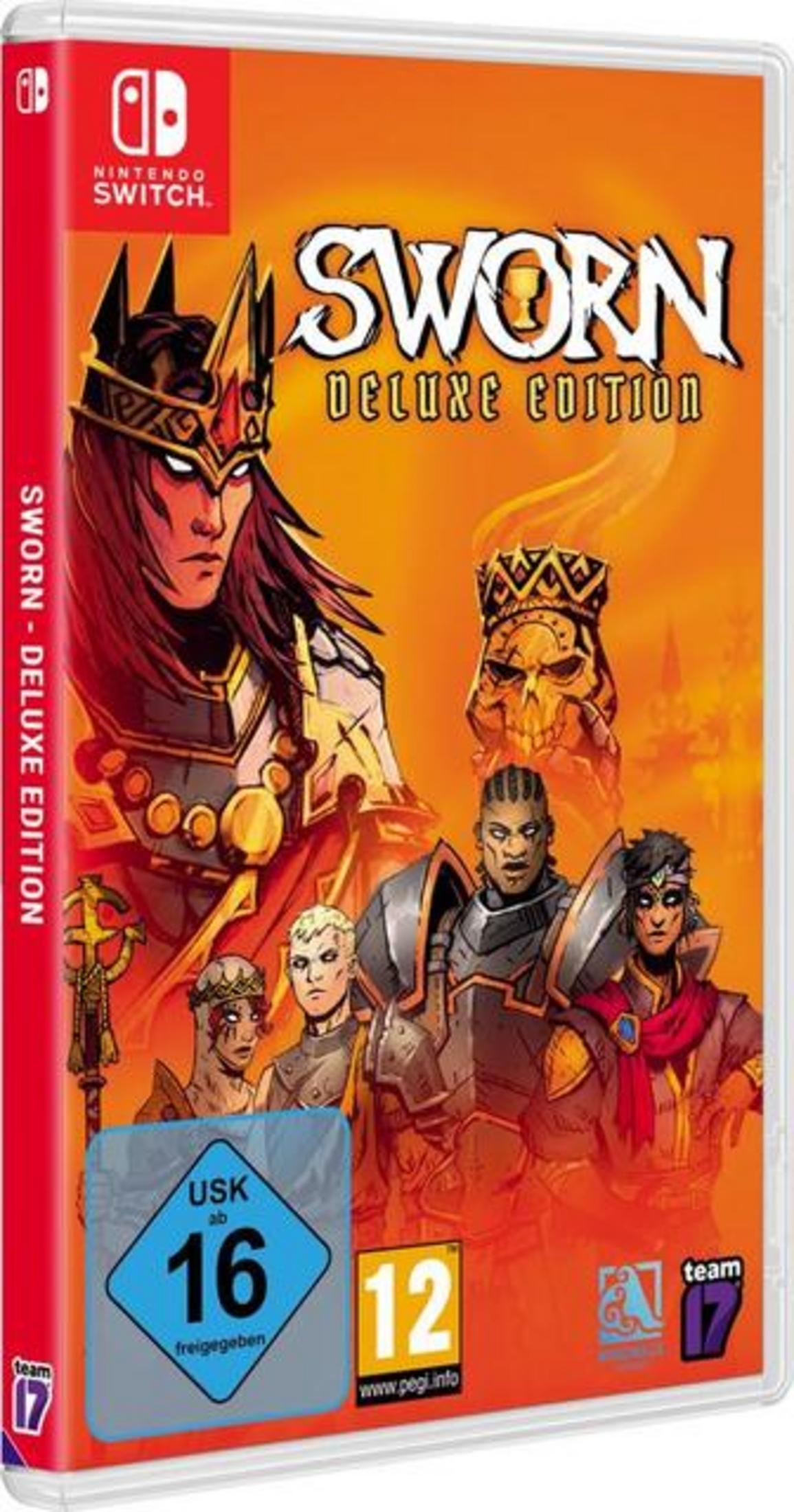 Boîtier de jeu Nintendo Switch 'SWORN Deluxe Edition' avec personnages et classifications d'âge.