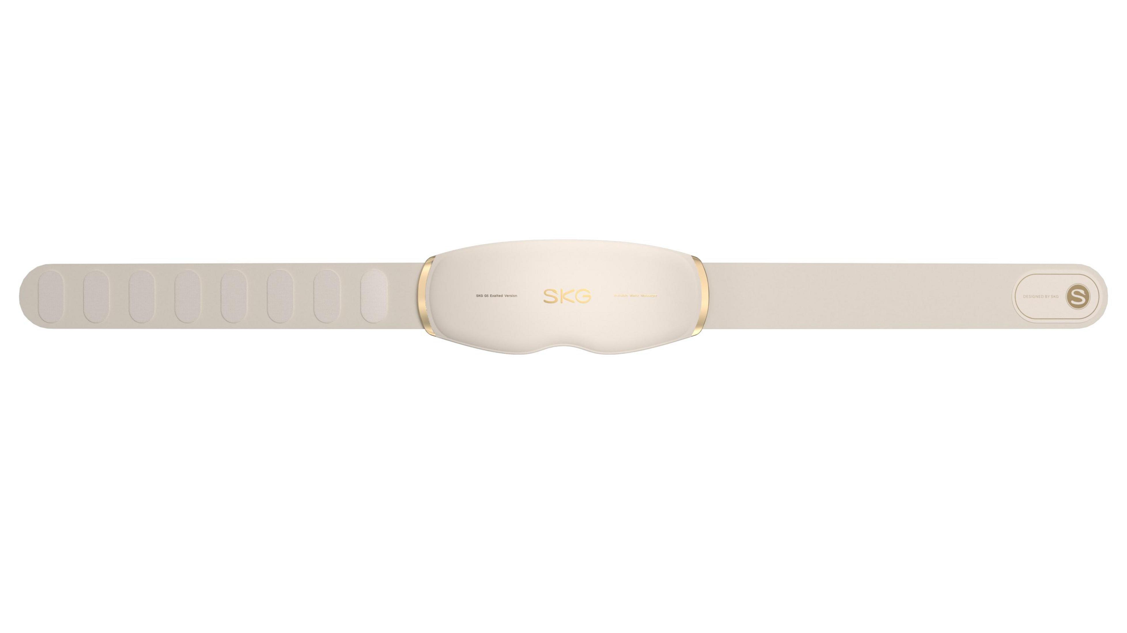 Una cintura massaggiante per il collo beige con rientranze ovali e dispositivo centrale.