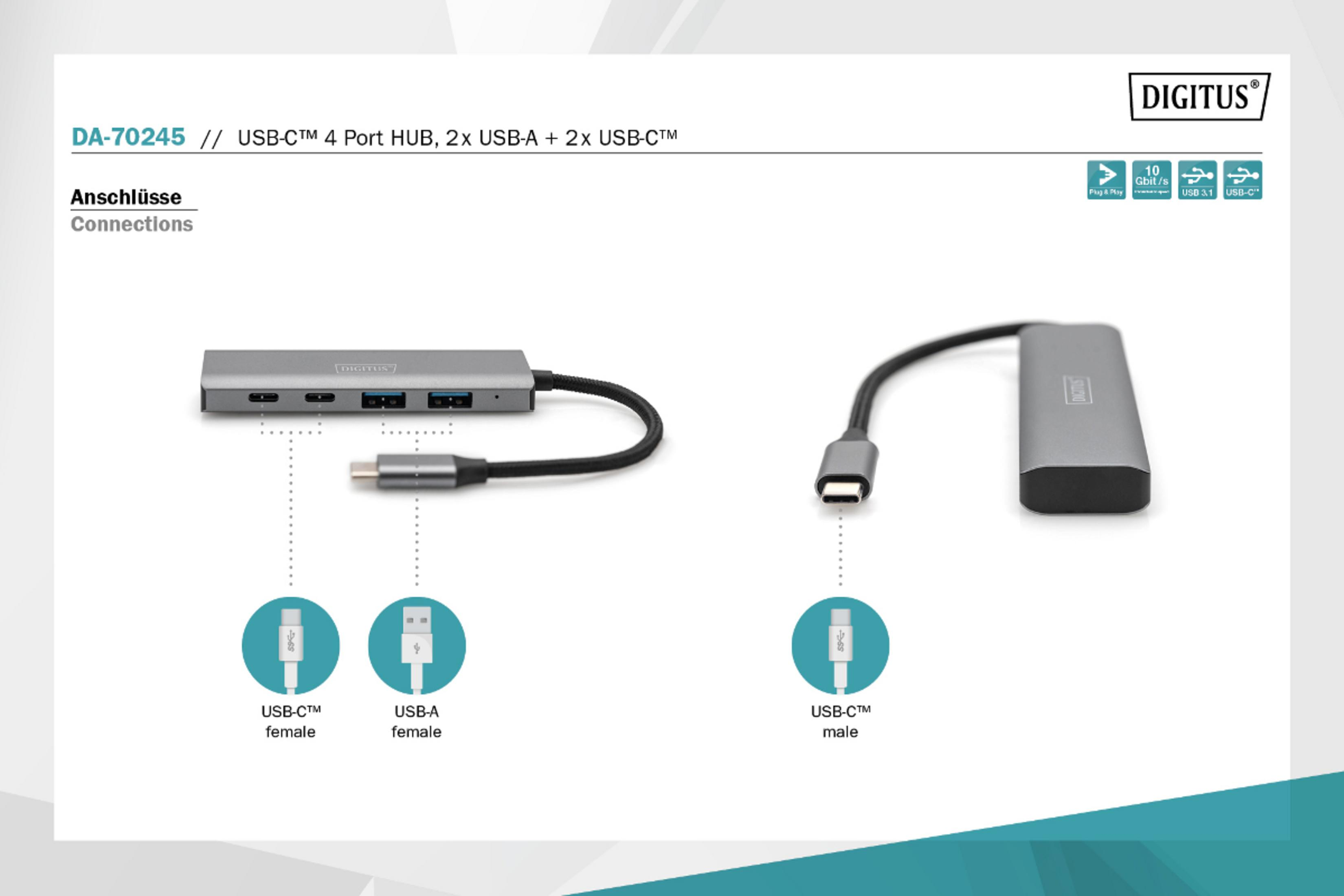 Grauer USB-C Hub mit 4 Anschlüssen: 2x USB-A, 2x USB-C. Plug & Play.