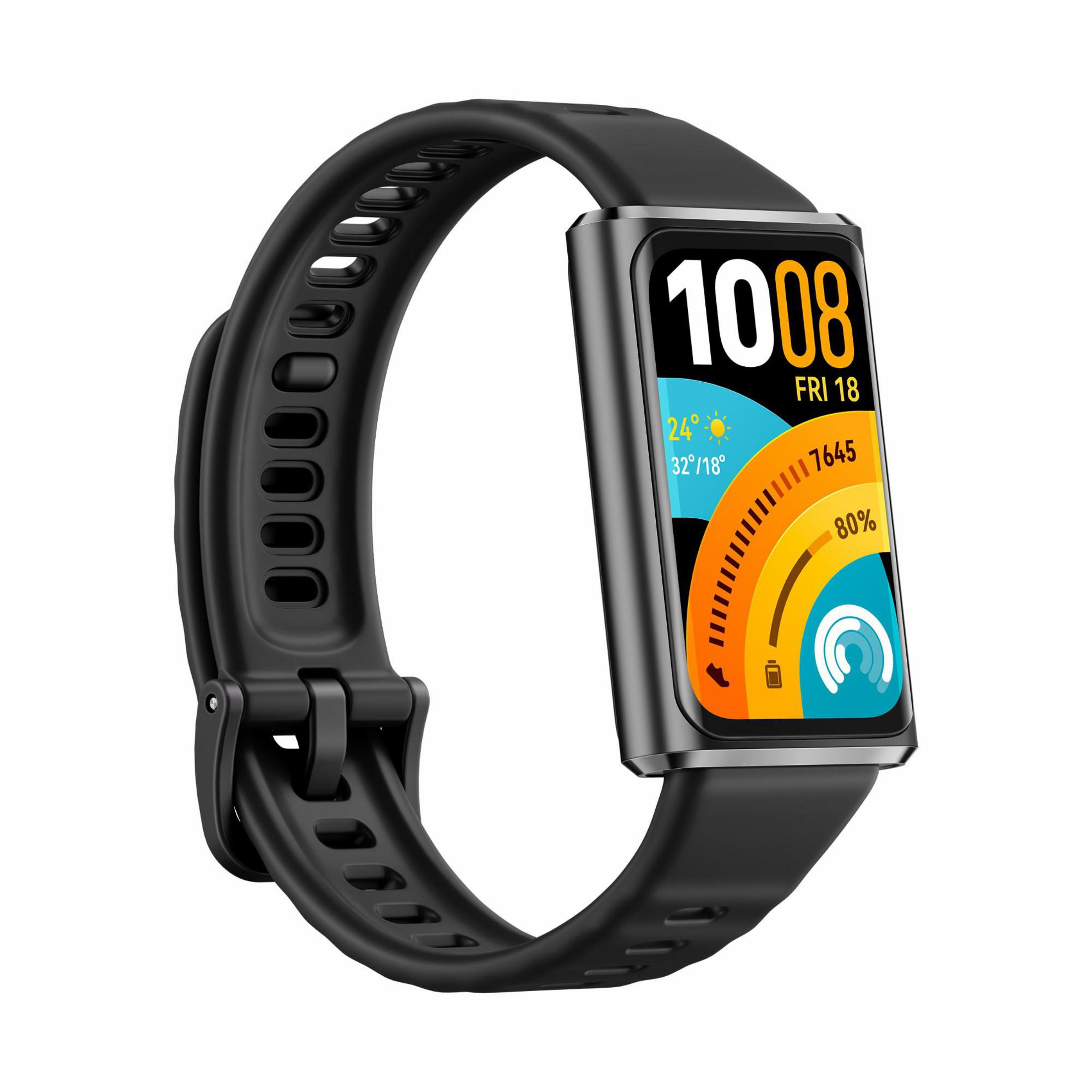 Braccialetto fitness nero con schermo colorato che mostra ora, data, temperatura e livello batteria.