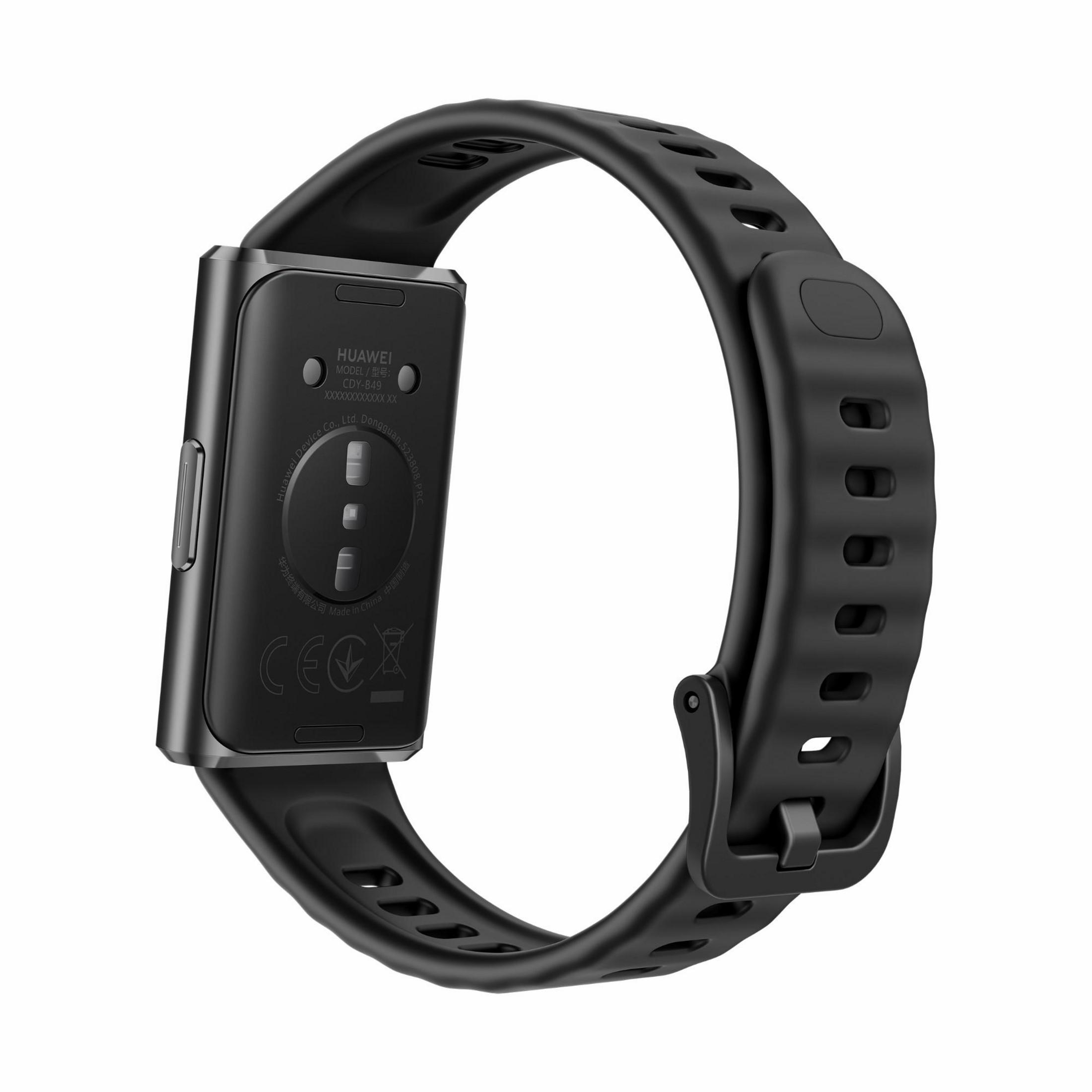 Braccialetto fitness Huawei nero con cinturino chiuso, retro con dettagli del modello.