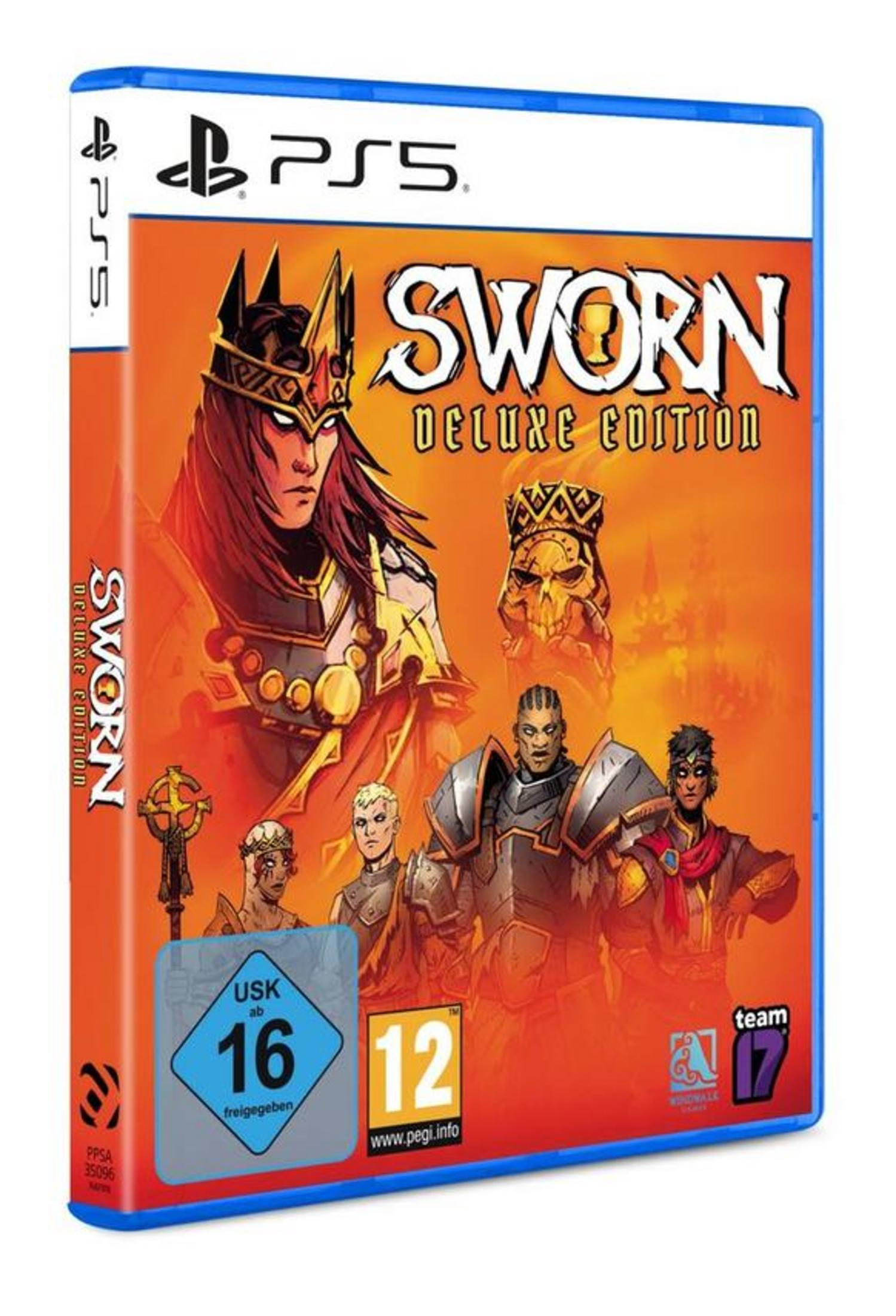 Custodia PS5 "Sworn Deluxe Edition" con personaggi e sigillo "USK 16".