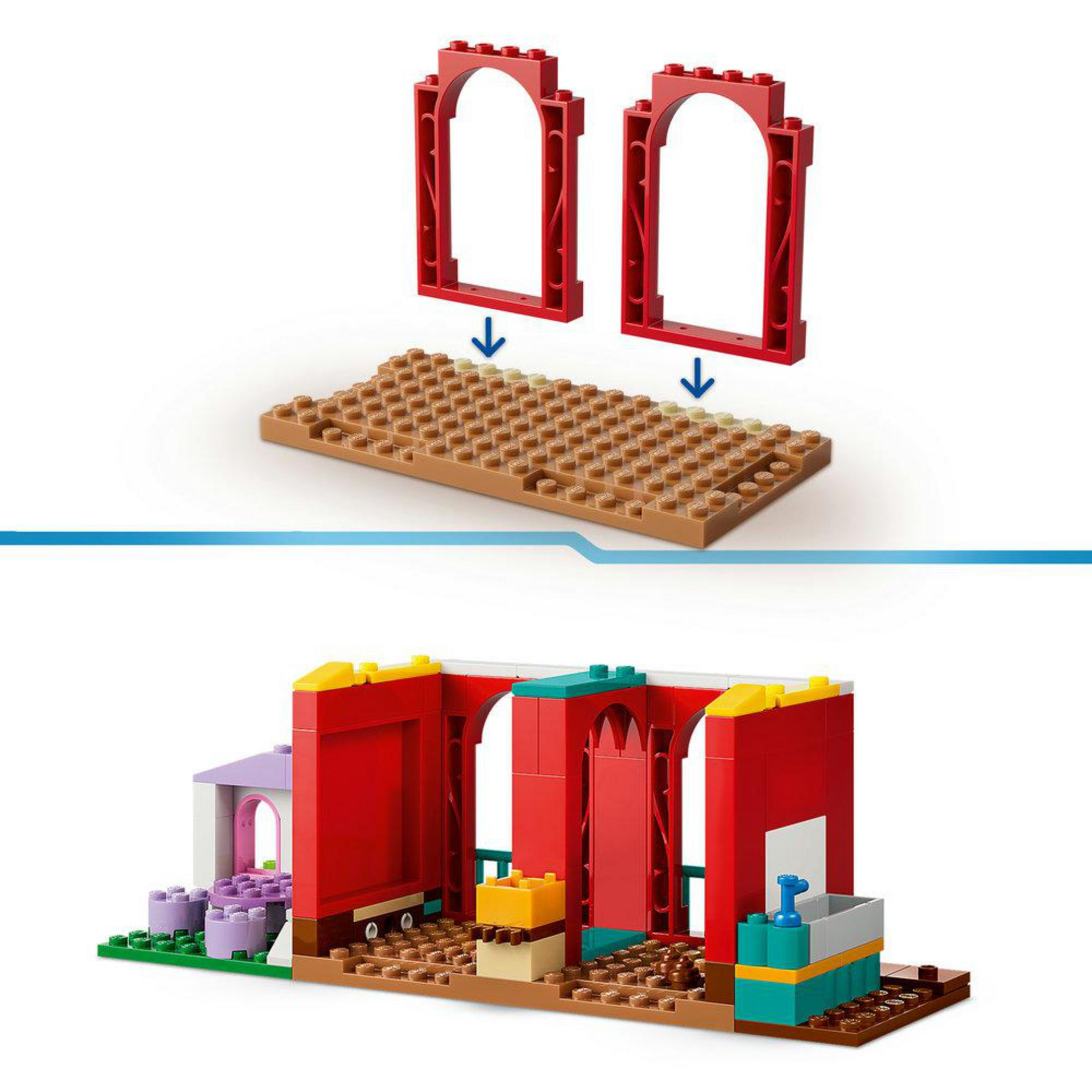 Kolorowe klocki Lego tworzą model budynku z łukami i wieżami.