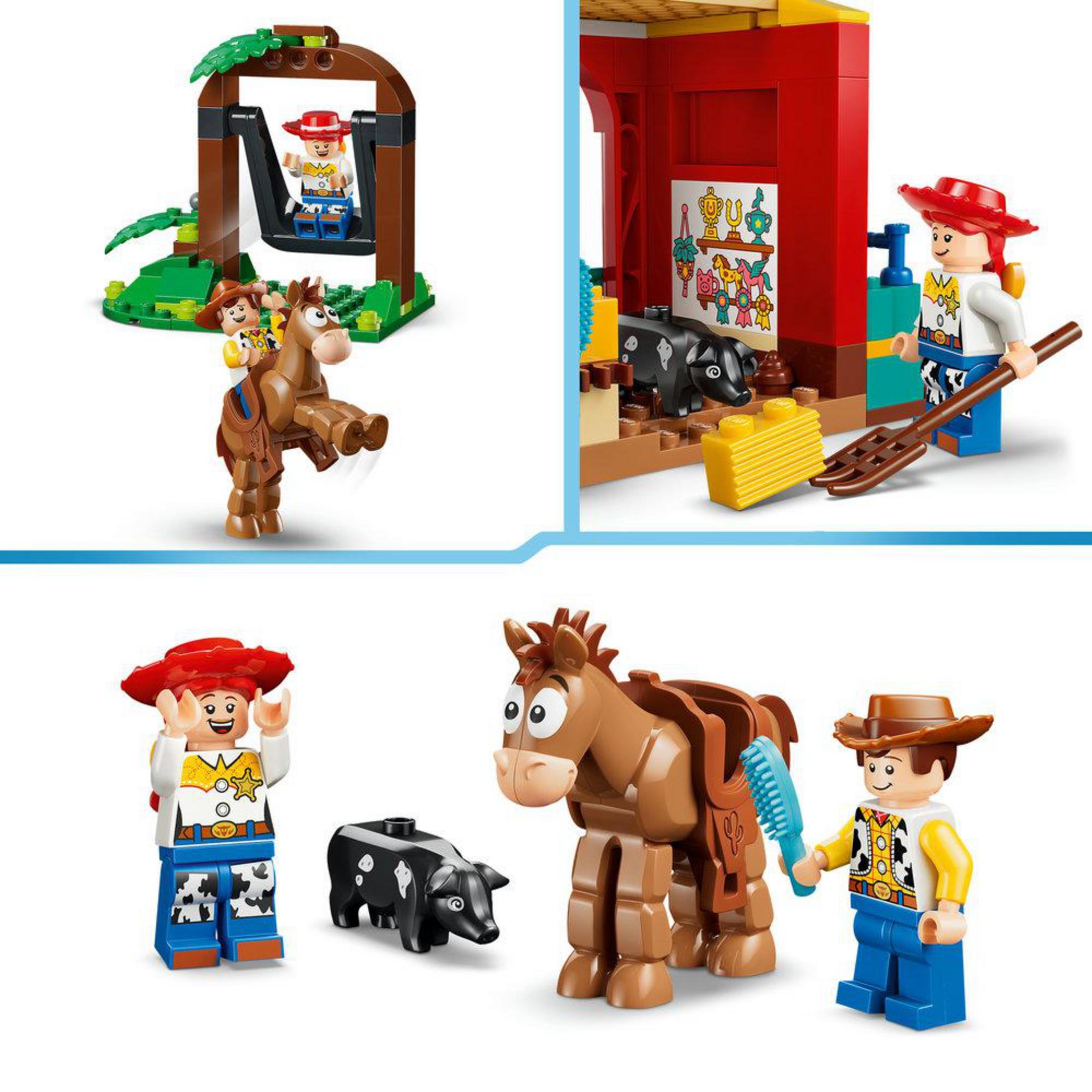 Scena Lego Toy Story z Woodym, Jessie, koniem i krową.