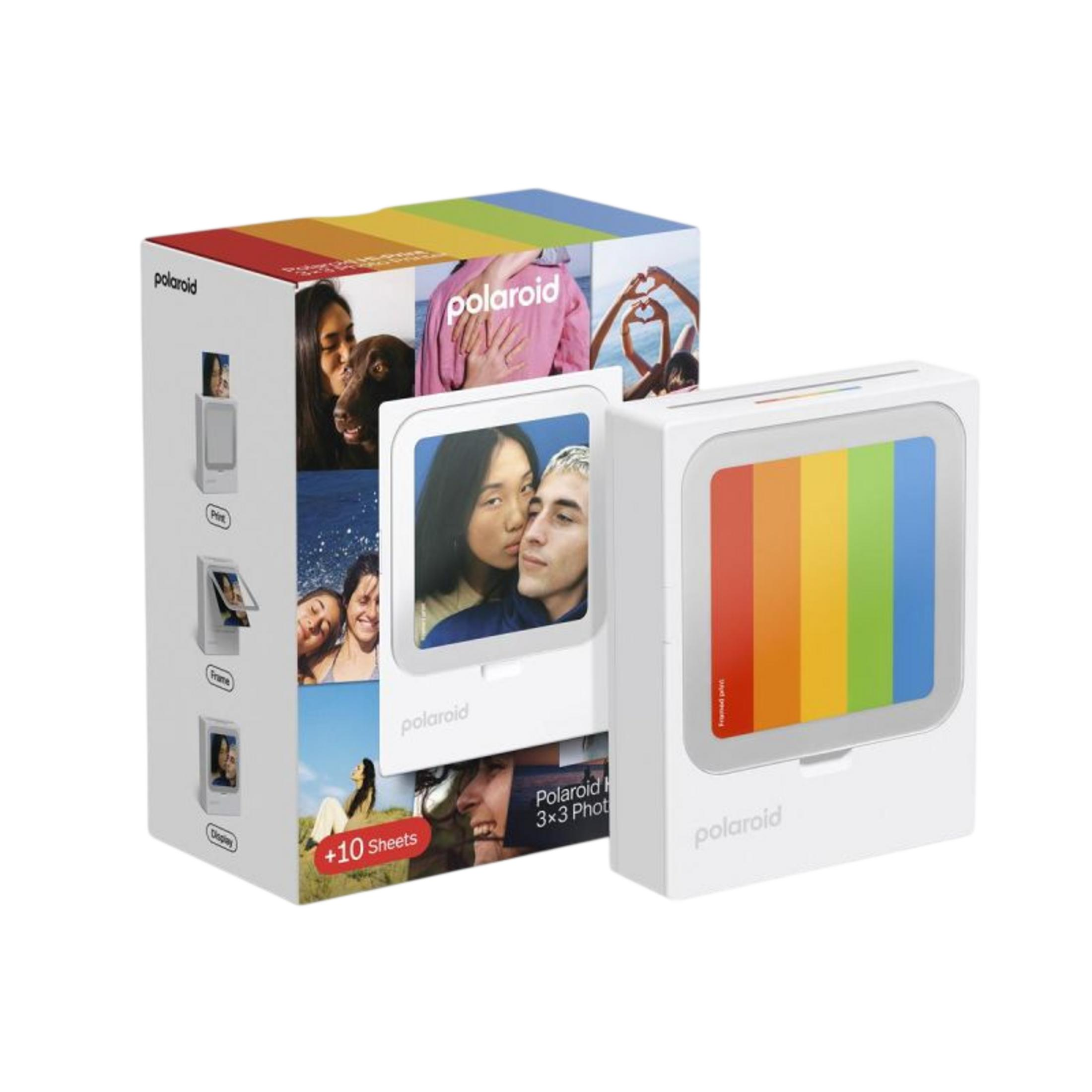 Polaroid Sofortbildkamera mit Regenbogen-Design und Beispielbildern.