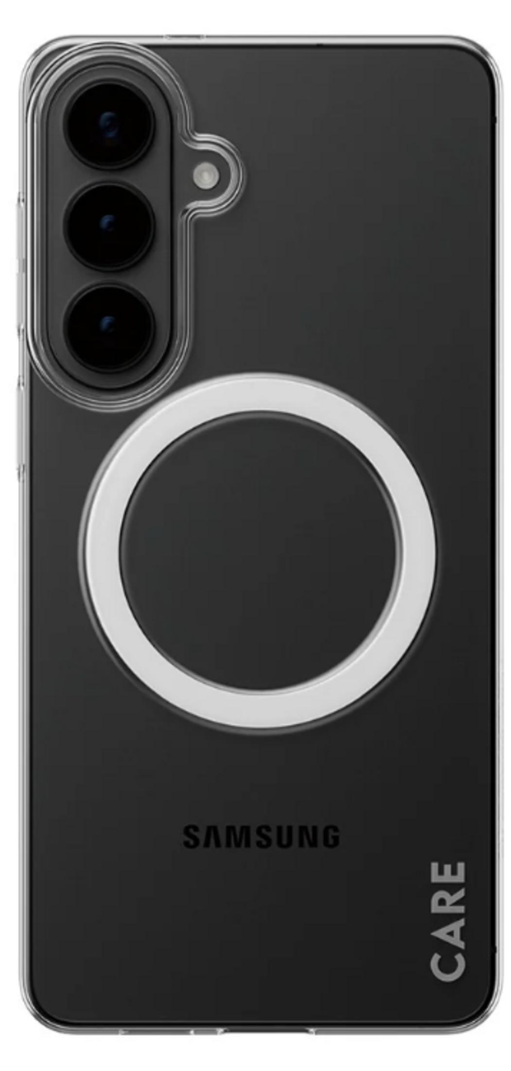 Transparente Hülle für ein Smartphone mit drei Kameras und Magnetring.