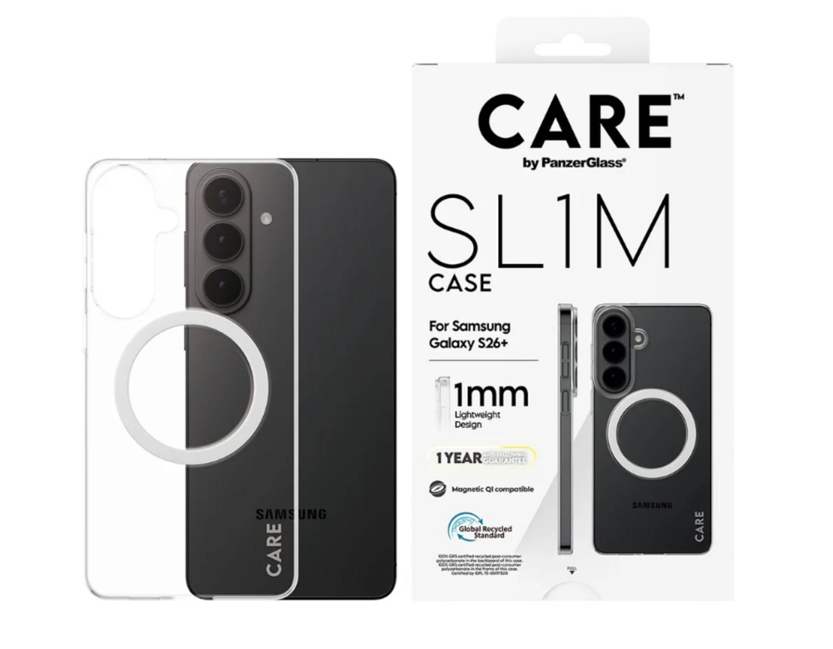 Transparente und schwarze Handyhülle mit Magnetring für Samsung Galaxy S26+.