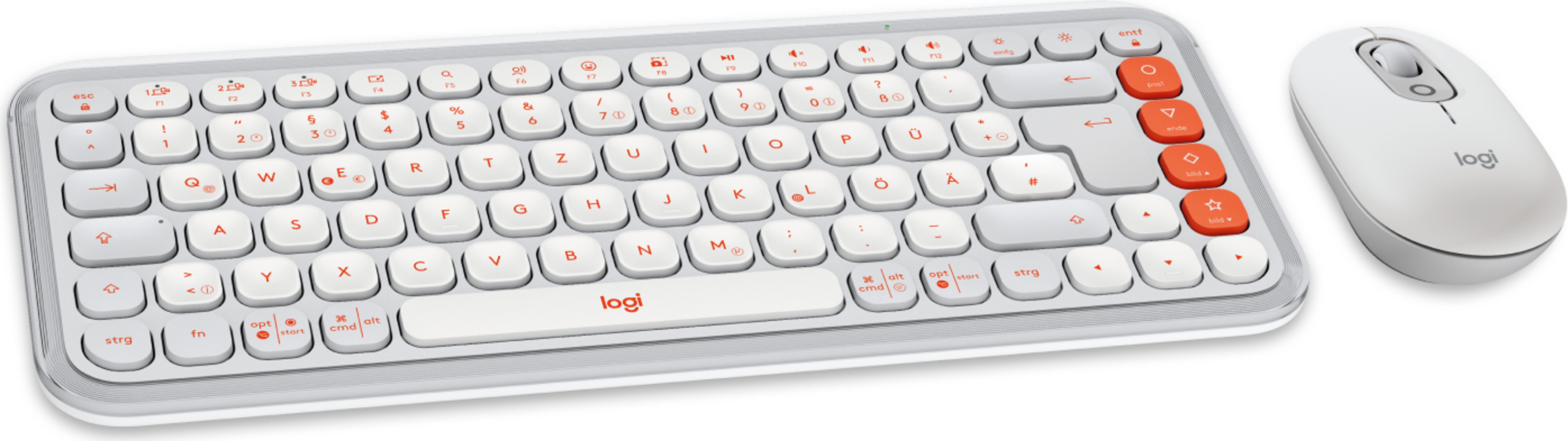 Un juego de teclado y ratón Logitech blancos sobre fondo blanco.