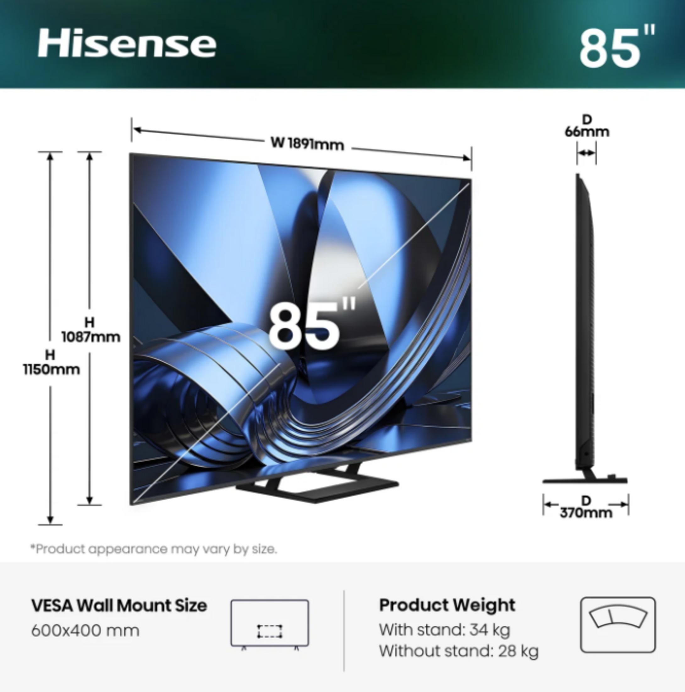 Hisense 85" Fernseher mit Abmessungen B 1891mm, H 1087mm, T 66mm.