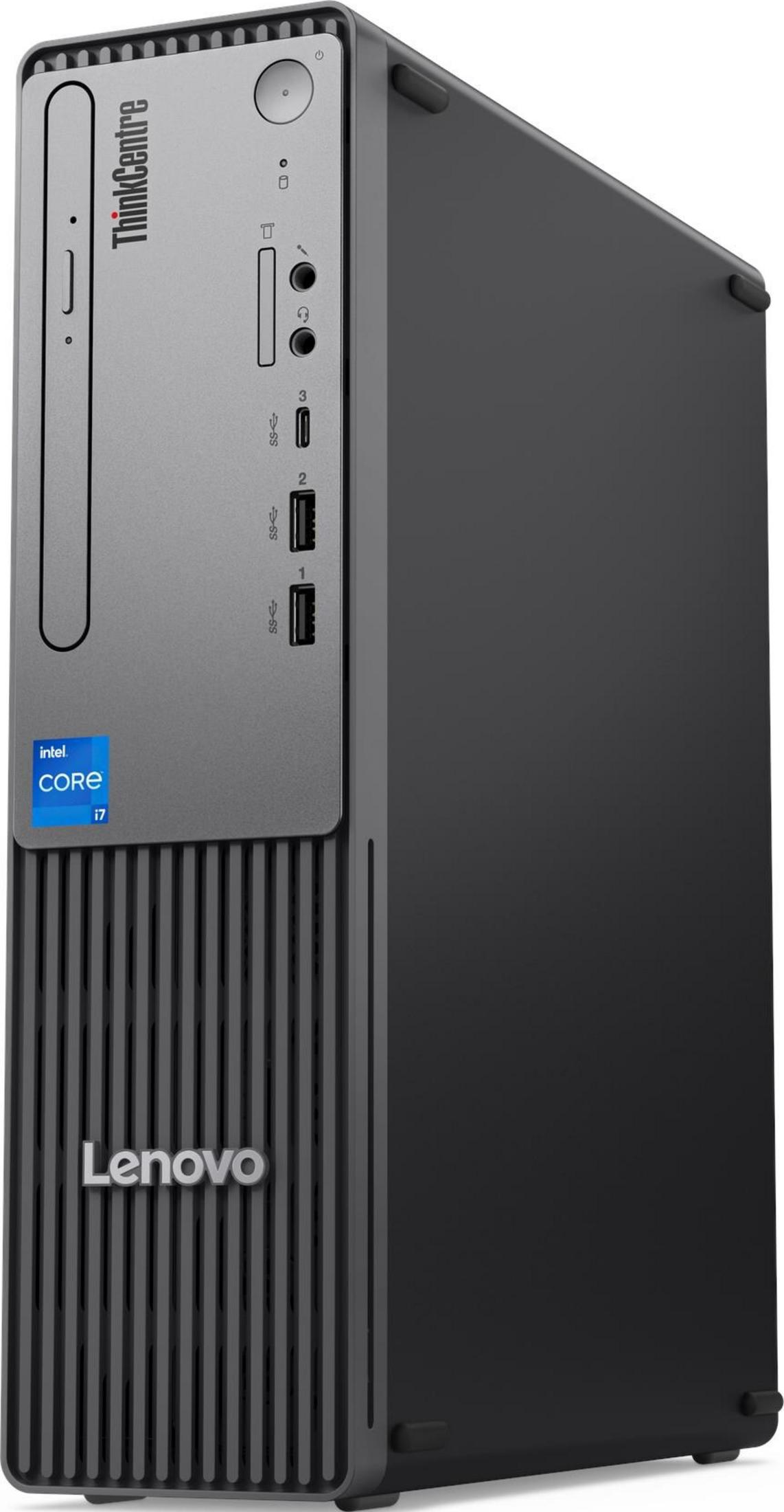 Ein Lenovo ThinkCentre Computerturm mit Intel Core i7 Aufkleber und USB-Anschlüssen.