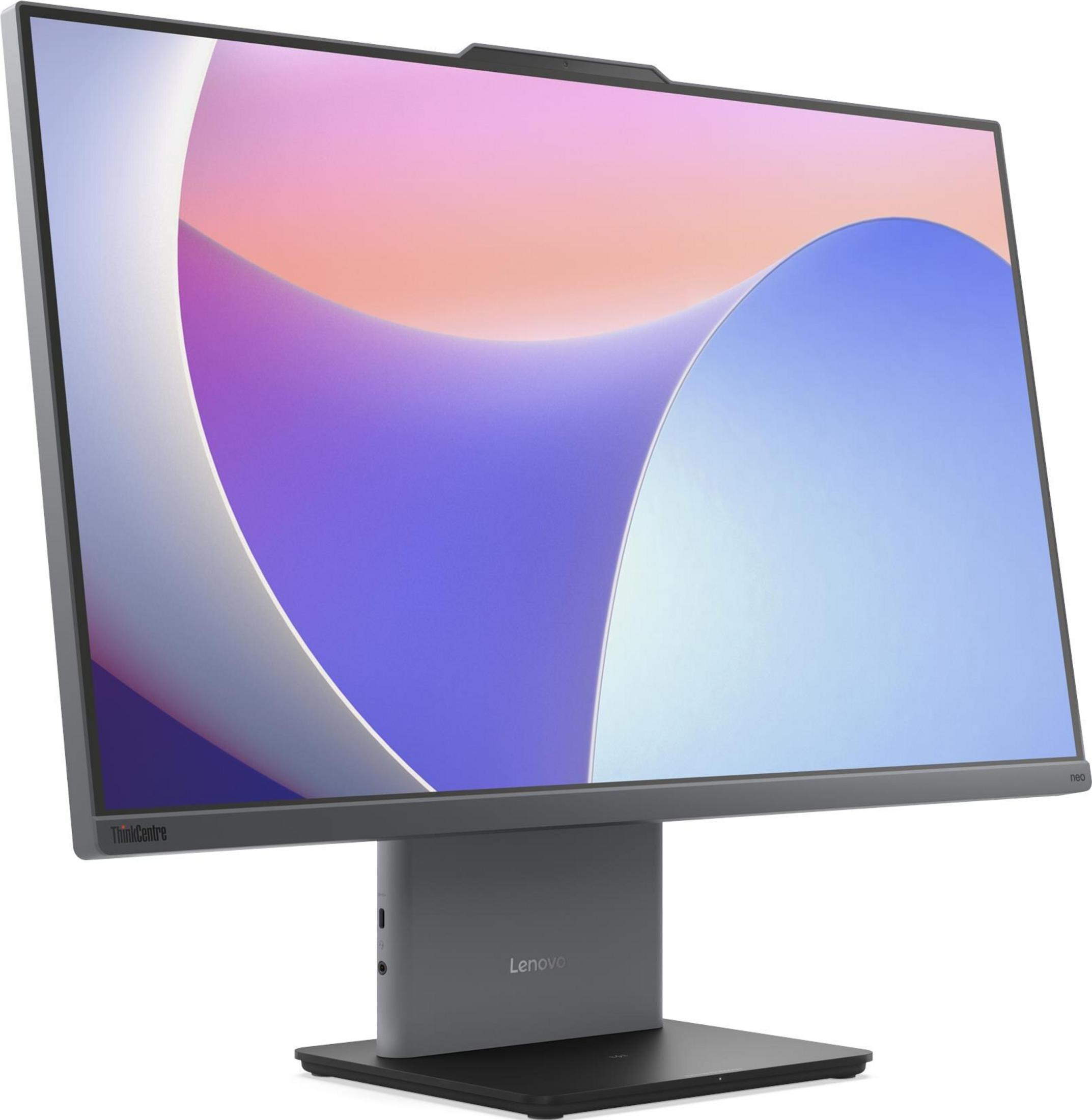 Un moderno monitor Lenovo grigio con uno sfondo astratto sullo schermo.