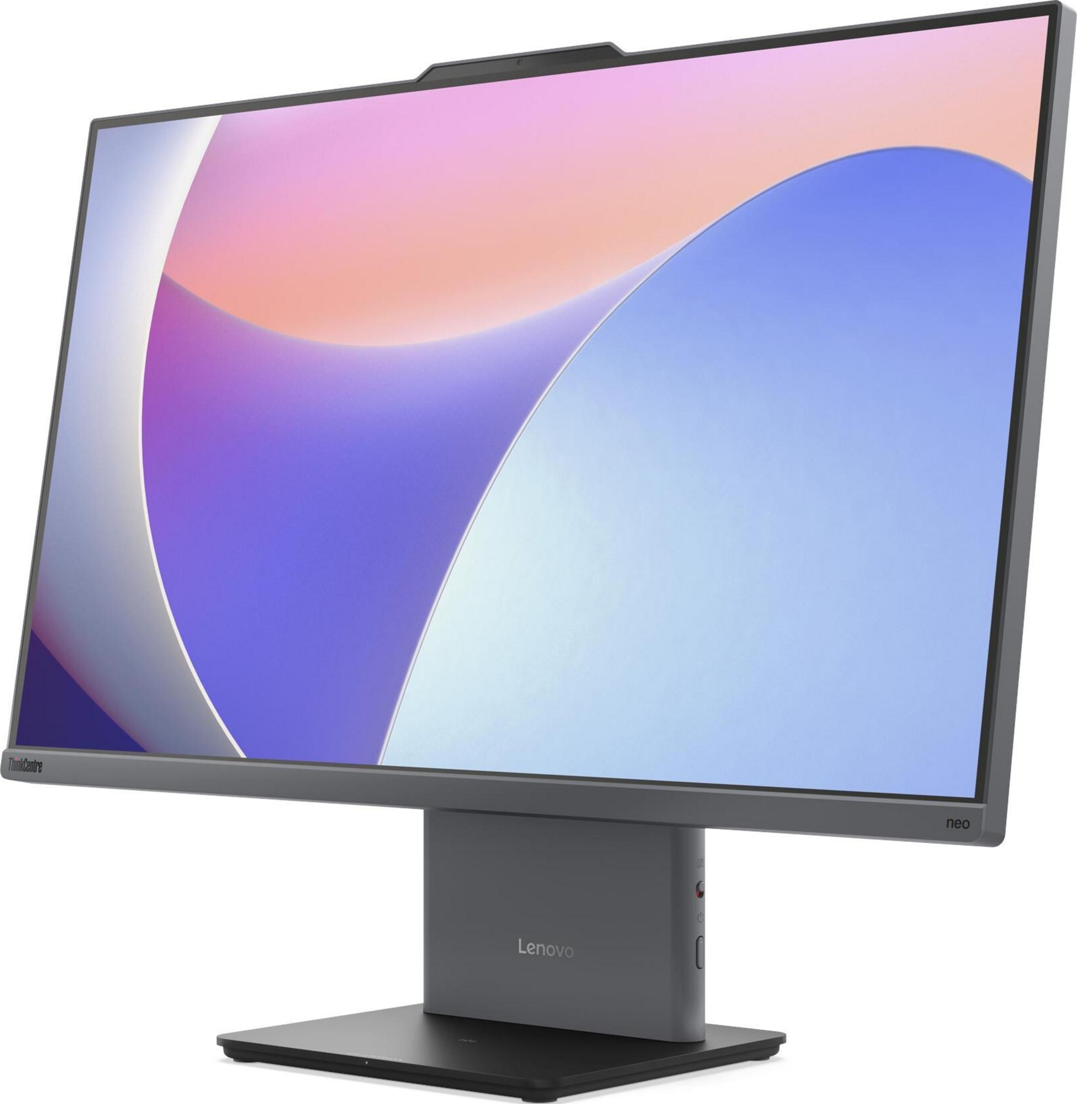 Un moderno monitor Lenovo ThinkCentre Neo dal design elegante e sfondo astratto.