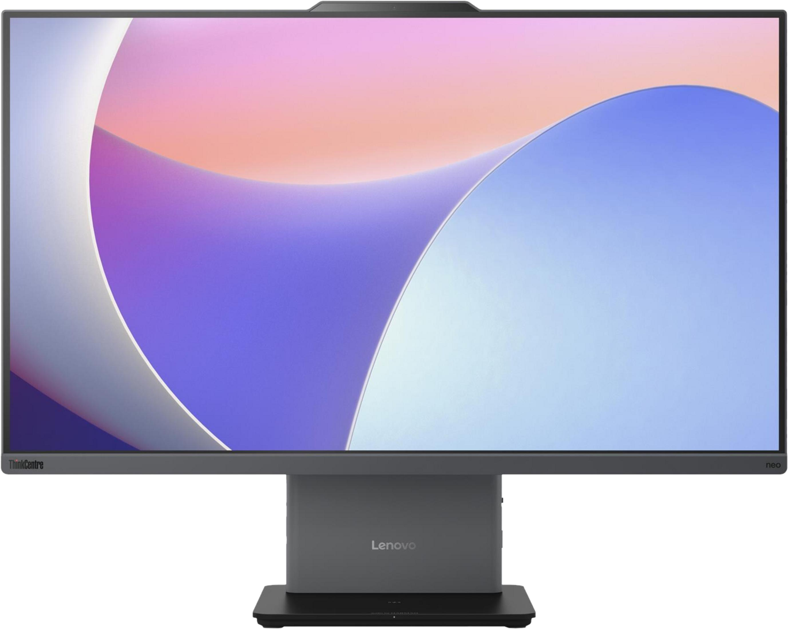 Un monitor Lenovo ThinkCentre mostra uno sfondo astratto nei toni viola e rosa.